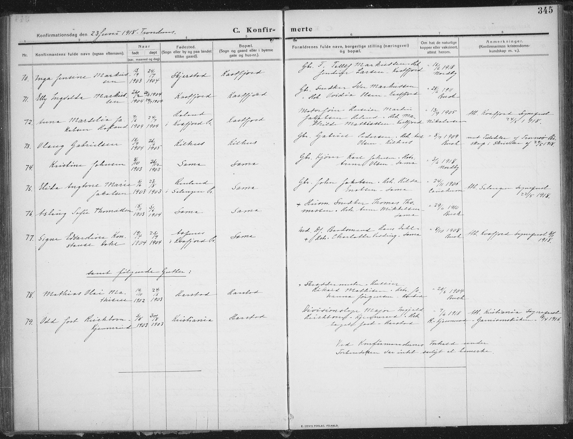 Trondenes sokneprestkontor, AV/SATØ-S-1319/H/Ha/L0018kirke: Parish register (official) no. 18, 1909-1918, p. 345