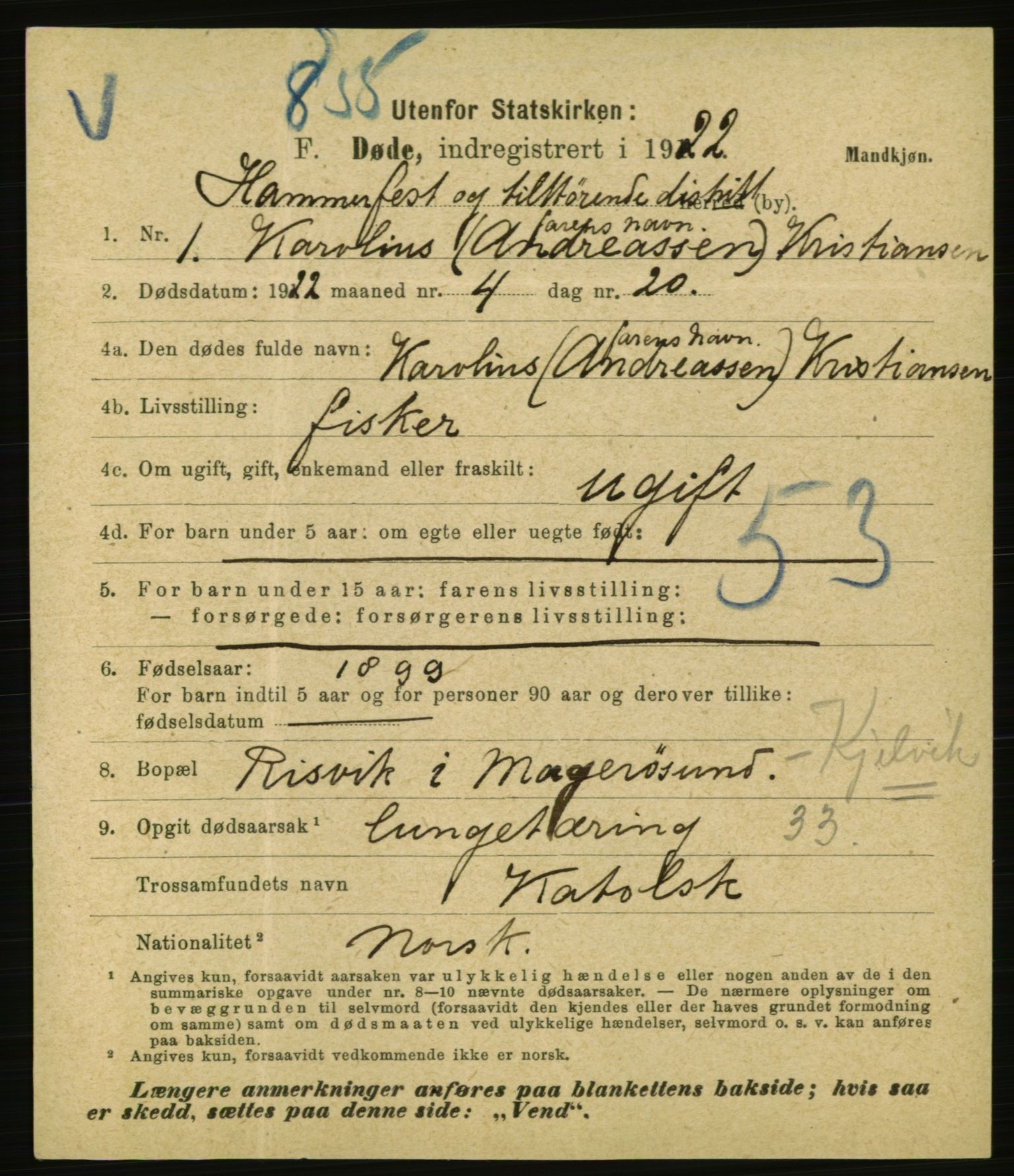 Statistisk sentralbyrå, Sosiodemografiske emner, Befolkning, AV/RA-S-2228/E/L0020: Fødte, gifte, døde dissentere., 1922, p. 3425