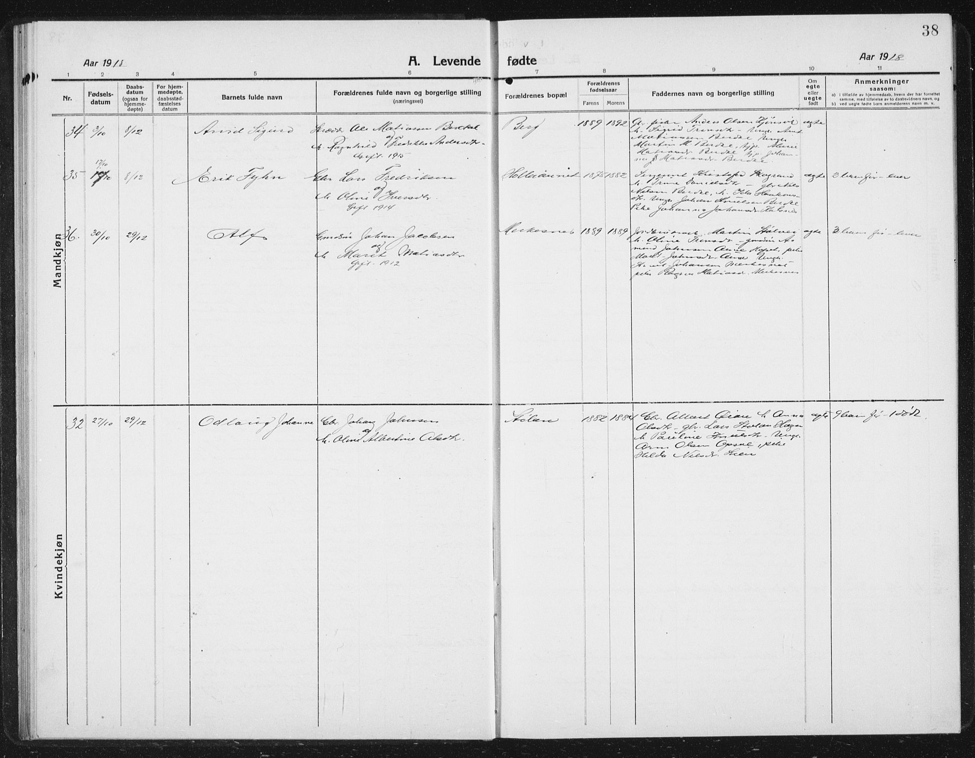 Ministerialprotokoller, klokkerbøker og fødselsregistre - Sør-Trøndelag, SAT/A-1456/630/L0506: Parish register (copy) no. 630C04, 1914-1933, p. 38