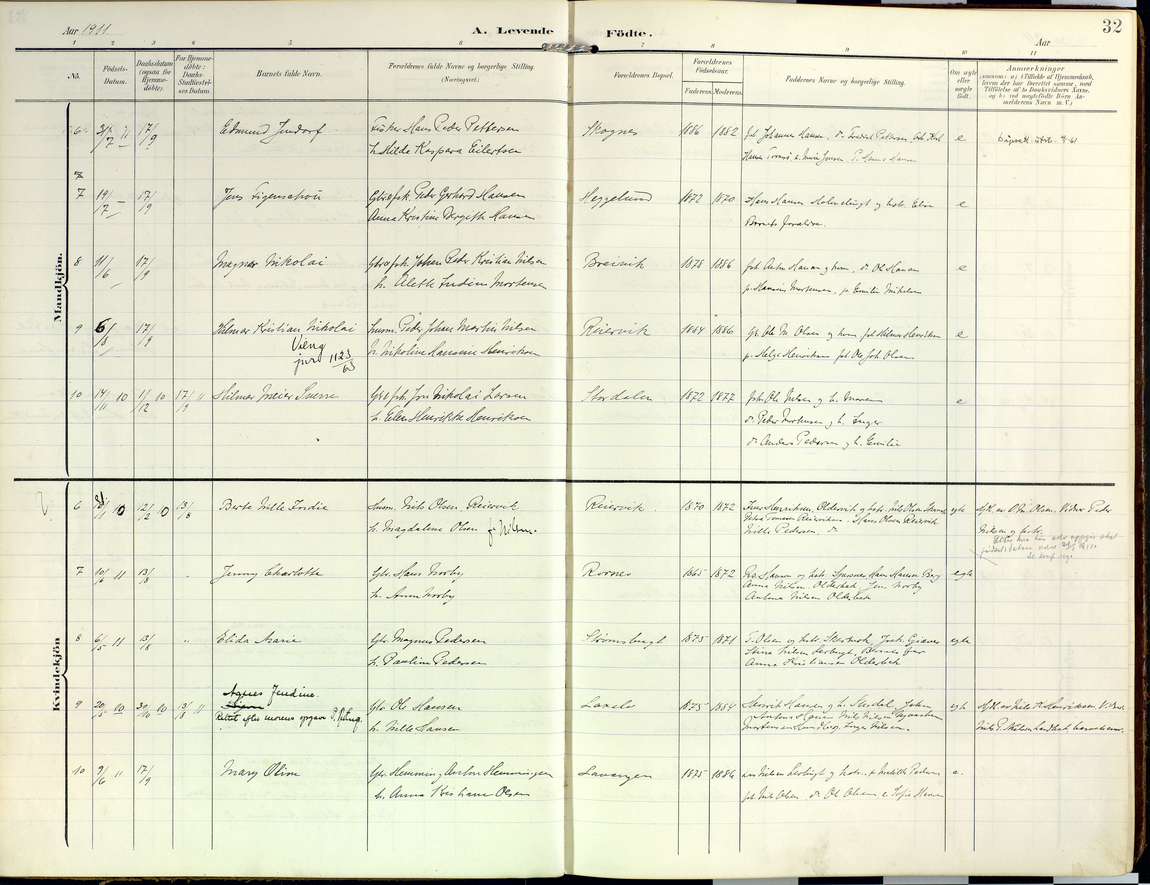 Lyngen sokneprestembete, AV/SATØ-S-1289/H/He/Hea/L0014kirke: Parish register (official) no. 14, 1905-1920, p. 32