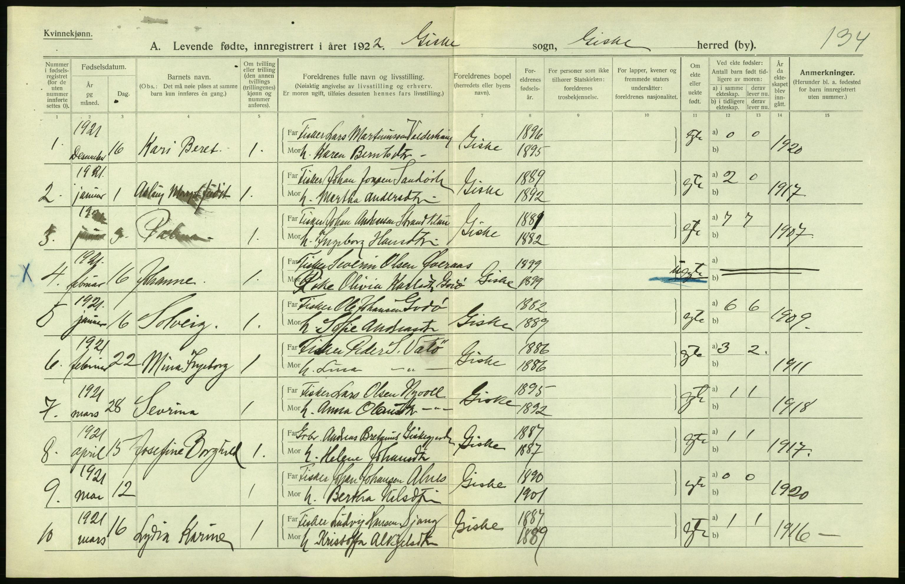 Statistisk sentralbyrå, Sosiodemografiske emner, Befolkning, AV/RA-S-2228/D/Df/Dfc/Dfca/L0040: Møre fylke: Levendefødte menn og kvinner. Bygder., 1921, p. 312