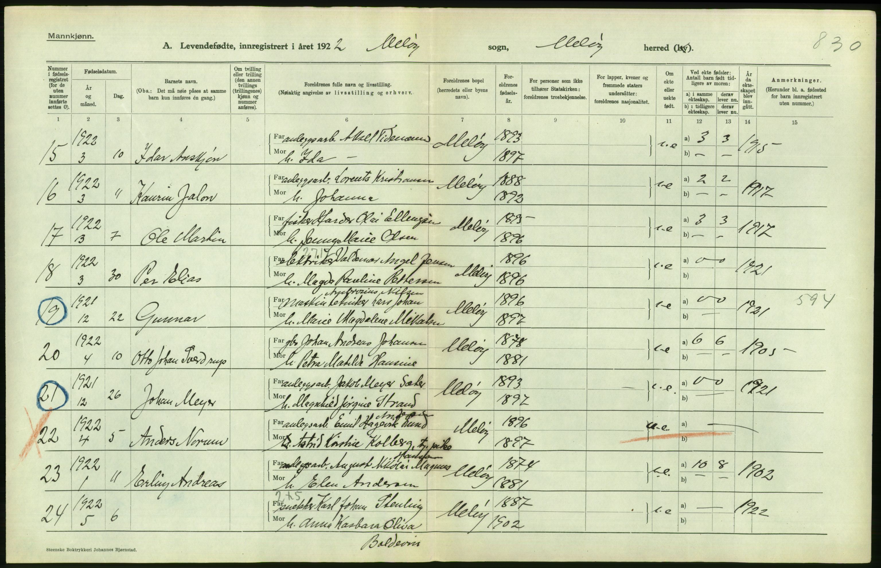 Statistisk sentralbyrå, Sosiodemografiske emner, Befolkning, AV/RA-S-2228/D/Df/Dfc/Dfcb/L0044: Nordland fylke: Levendefødte menn og kvinner. Bygder og byer., 1922, p. 464