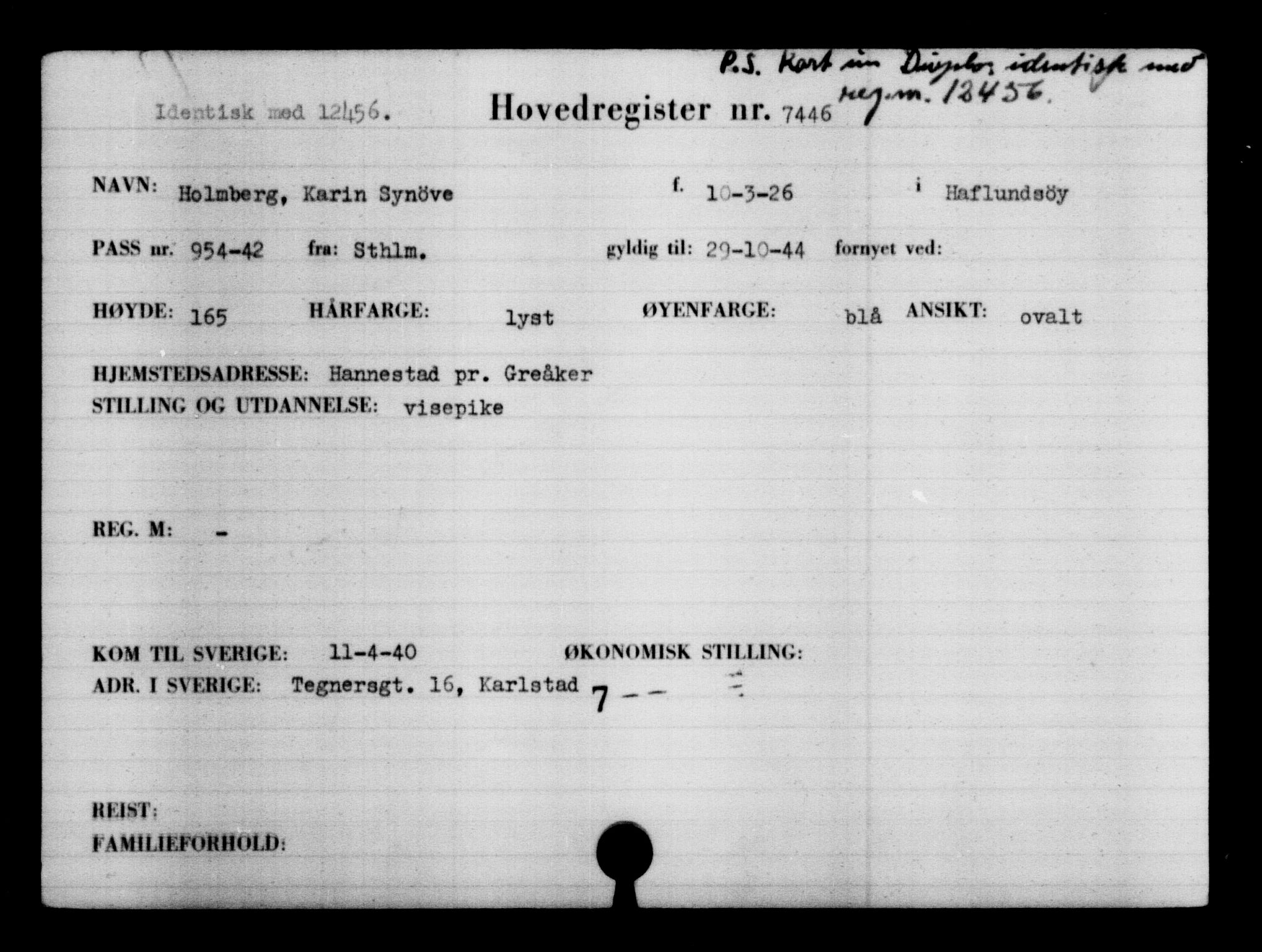 Utenriksstasjonene, Legasjonen i Stockholm, Flyktningkontoret, AV/RA-S-6753/V/Va/L0005: Kjesäterkartoteket, flyktninger med registreringsnr. 6600-9417, 1940-1945, p. 988