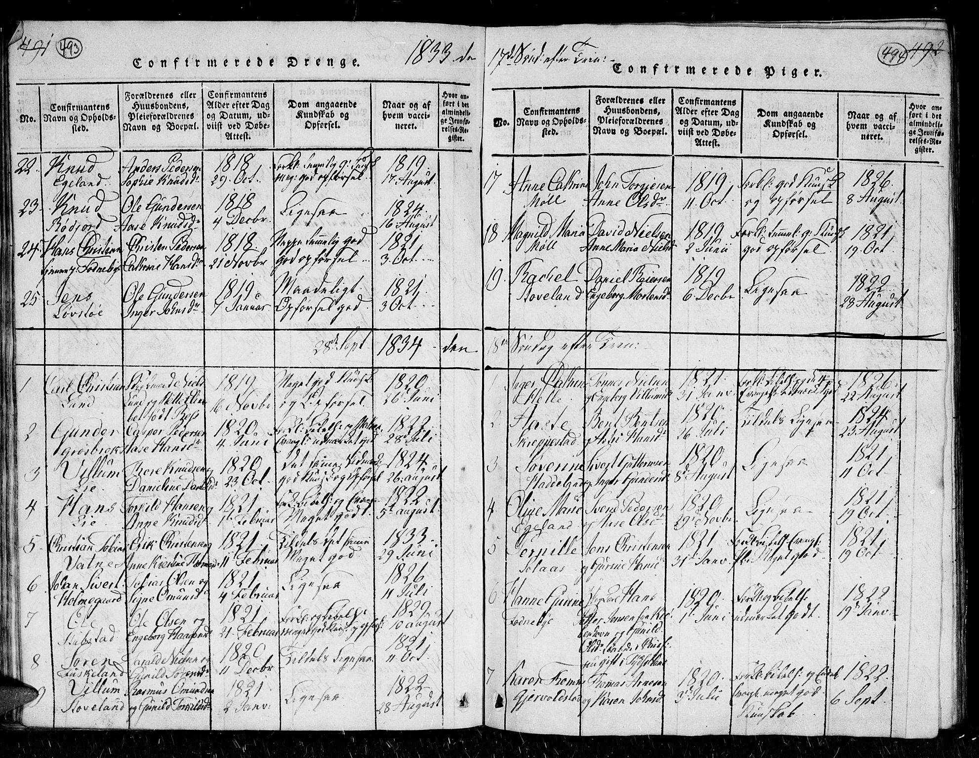 Holum sokneprestkontor, SAK/1111-0022/F/Fb/Fba/L0002: Parish register (copy) no. B 2, 1820-1849, p. 493-494