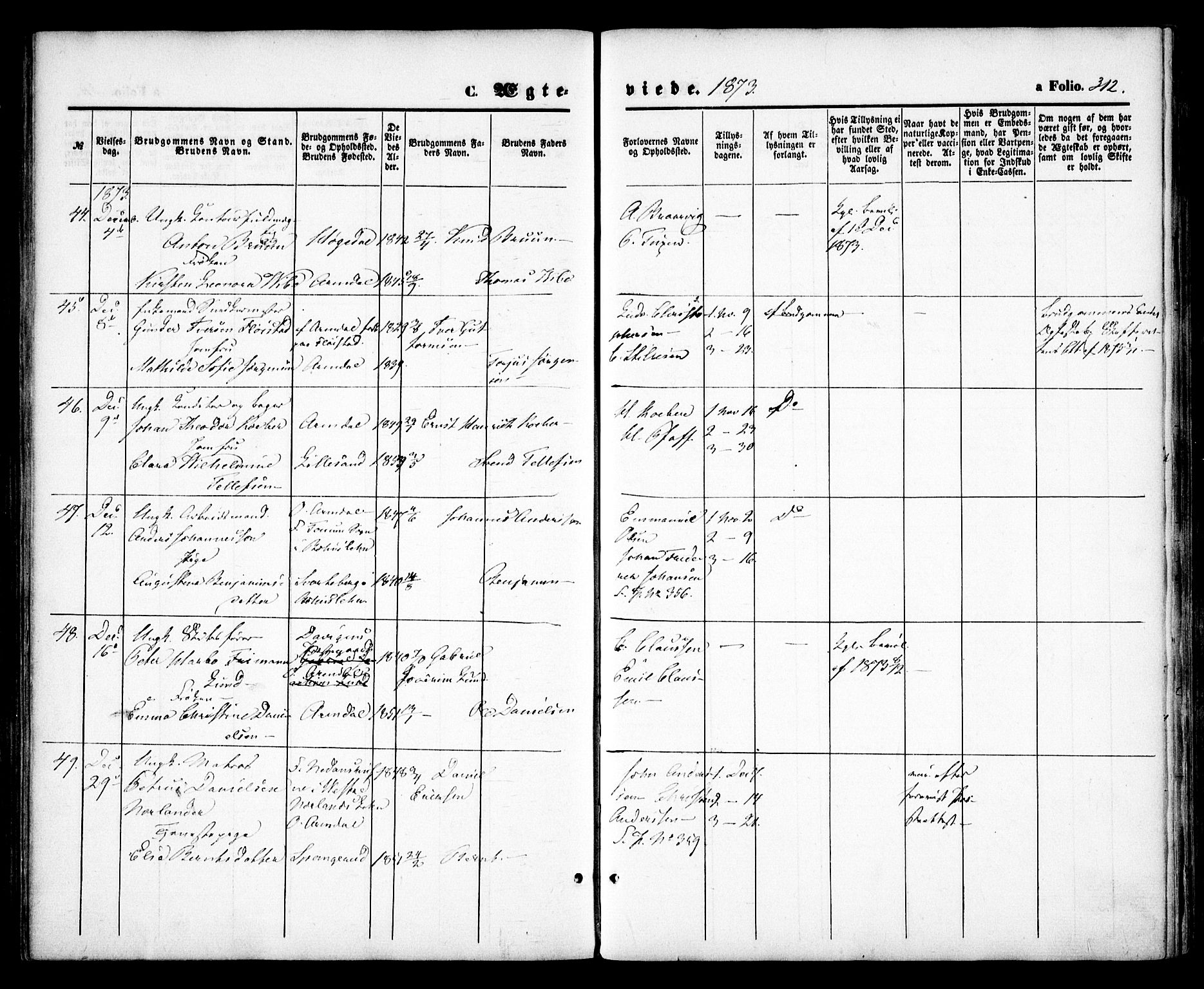 Arendal sokneprestkontor, Trefoldighet, AV/SAK-1111-0040/F/Fa/L0007: Parish register (official) no. A 7, 1868-1878, p. 312