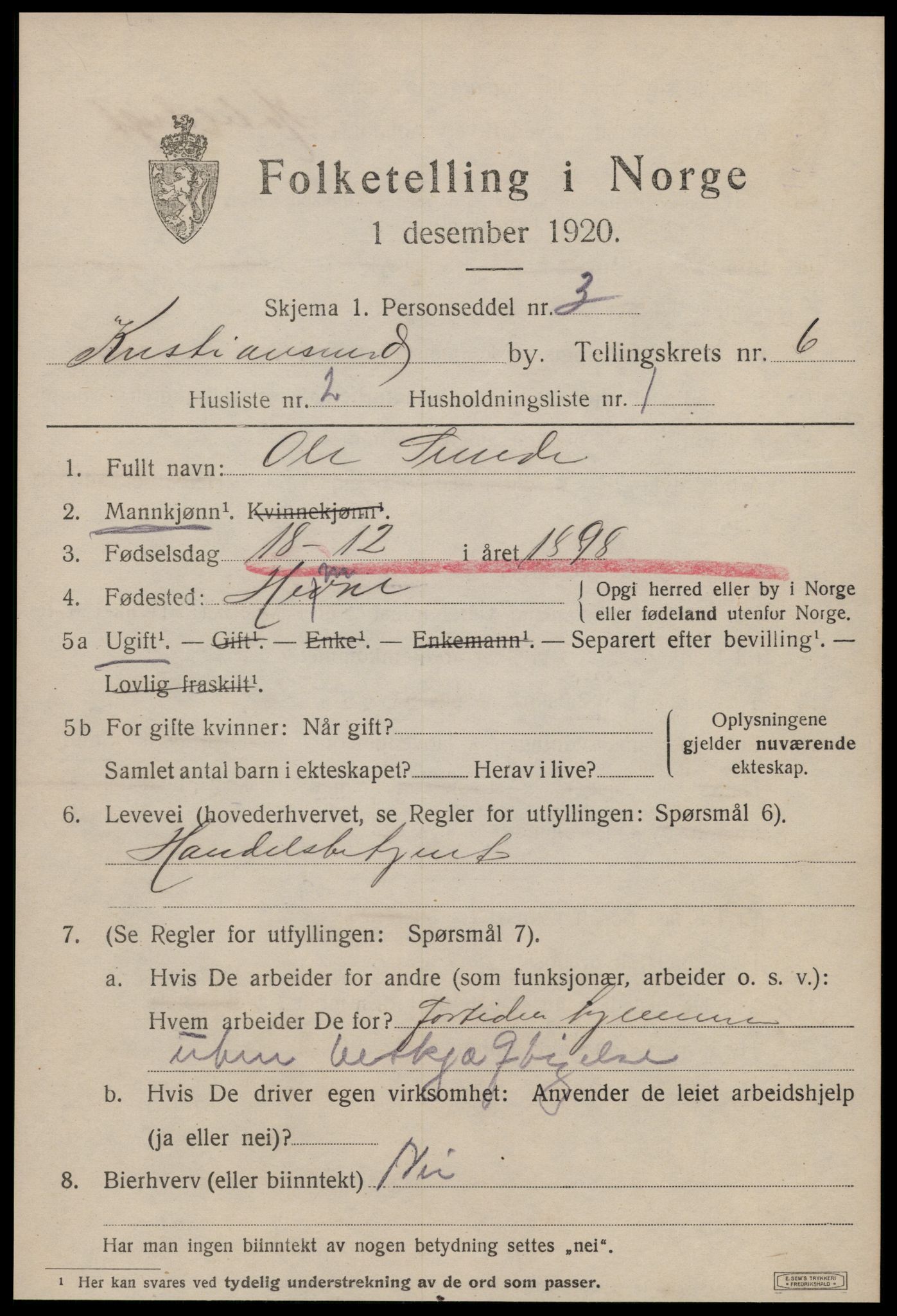 SAT, 1920 census for Kristiansund, 1920, p. 17041