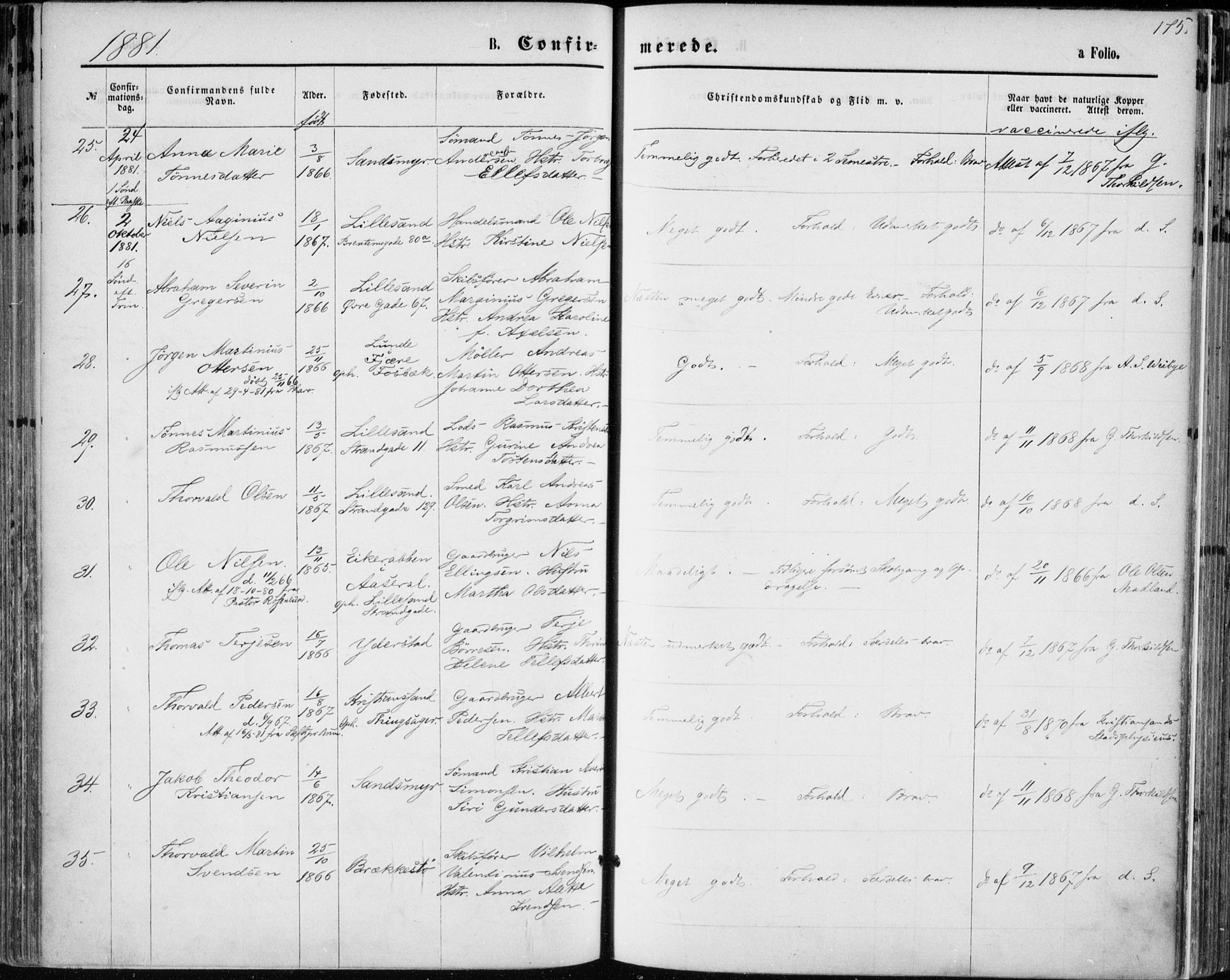 Vestre Moland sokneprestkontor, AV/SAK-1111-0046/F/Fa/Fab/L0008: Parish register (official) no. A 8, 1873-1883, p. 175