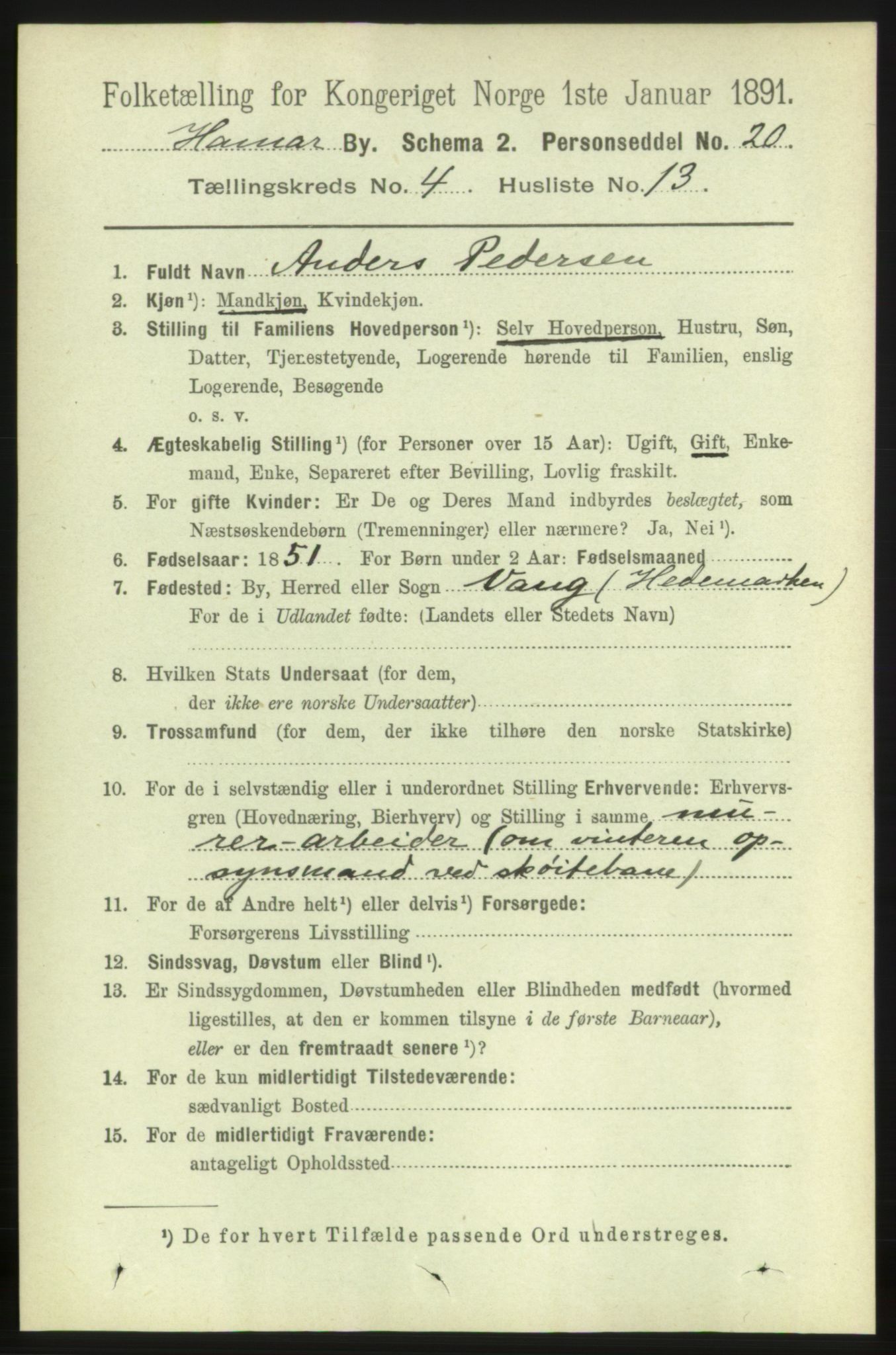 RA, 1891 census for 0401 Hamar, 1891, p. 3021