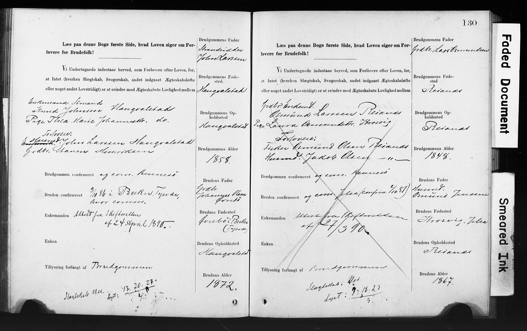 Rennesøy sokneprestkontor, AV/SAST-A -101827/I/Ie/L0001: Banns register no. 1, 1873-1898, p. 130