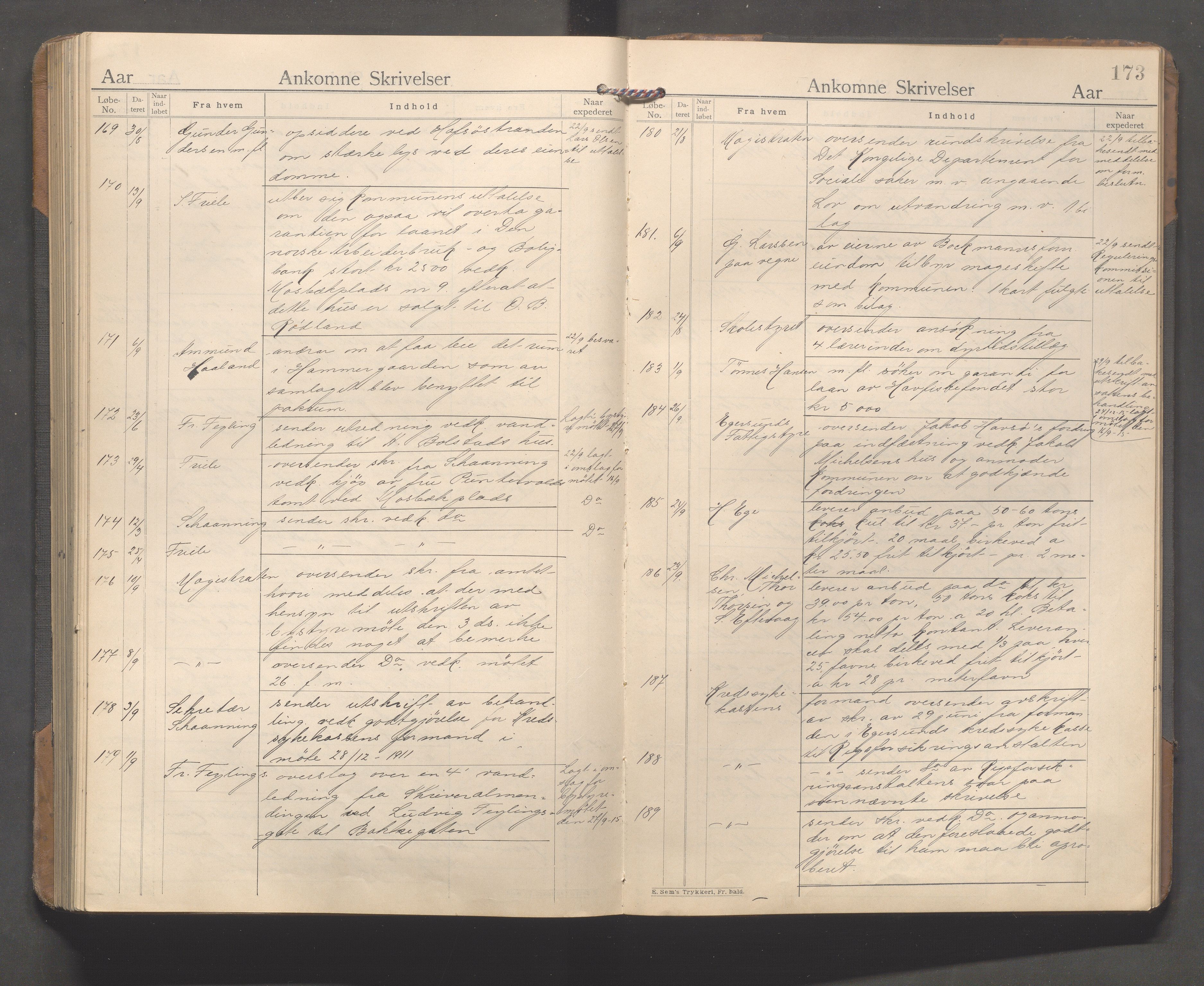 Egersund kommune (Ladested) - Formannskapet, IKAR/K-100502/C/Ca/L0002: Brevjournal, 1902-1917, p. 173