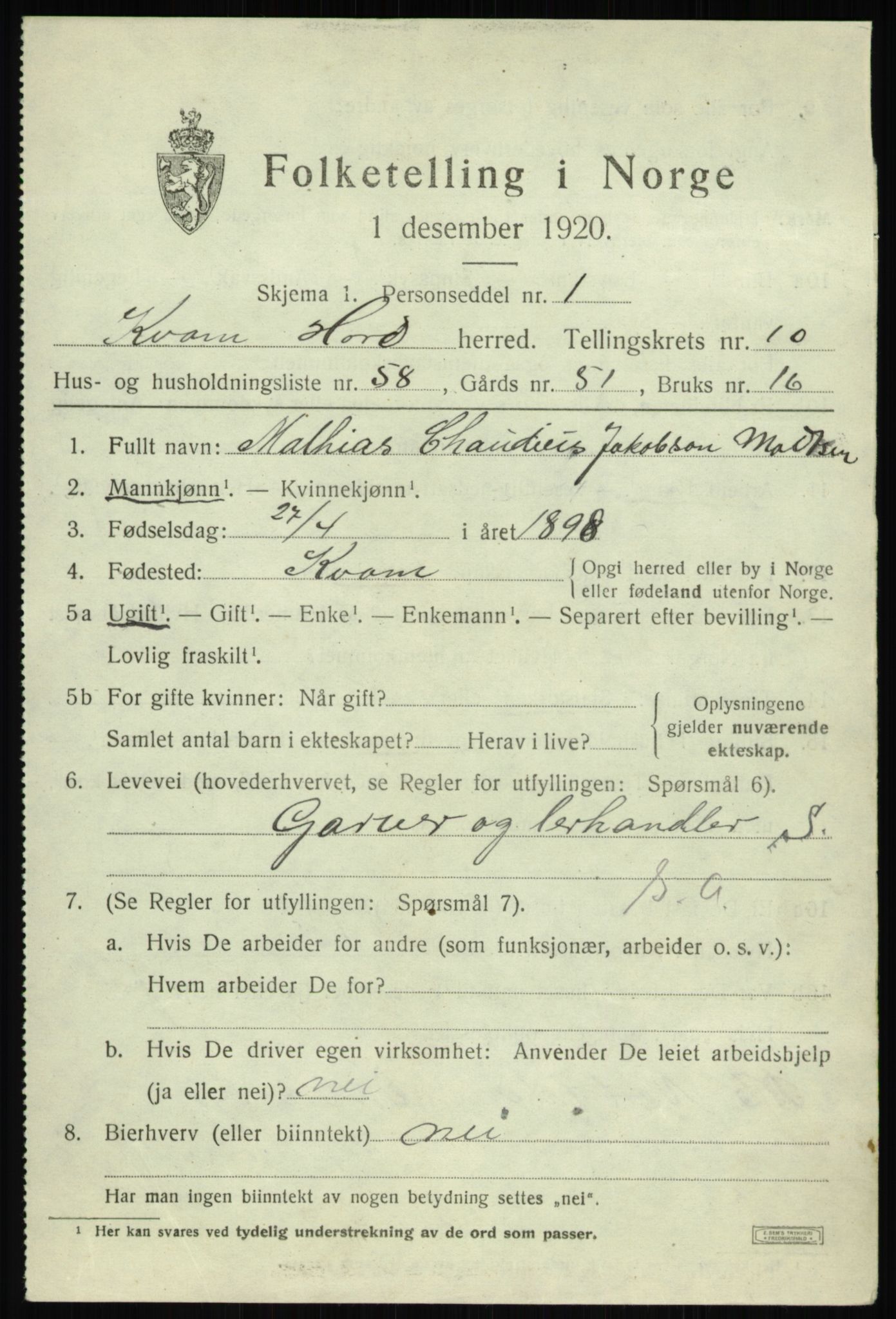 SAB, 1920 census for Kvam, 1920, p. 7021