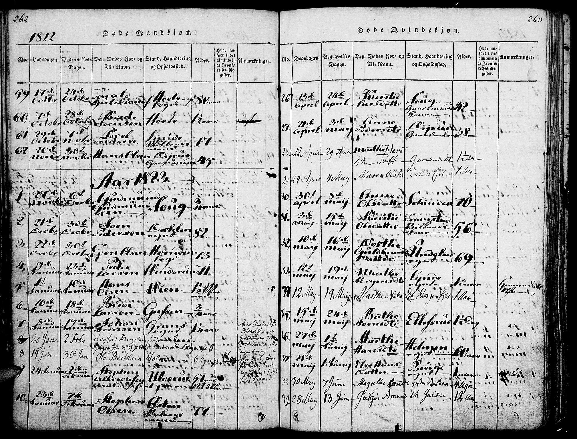 Gran prestekontor, AV/SAH-PREST-112/H/Ha/Haa/L0009: Parish register (official) no. 9, 1815-1824, p. 262-263