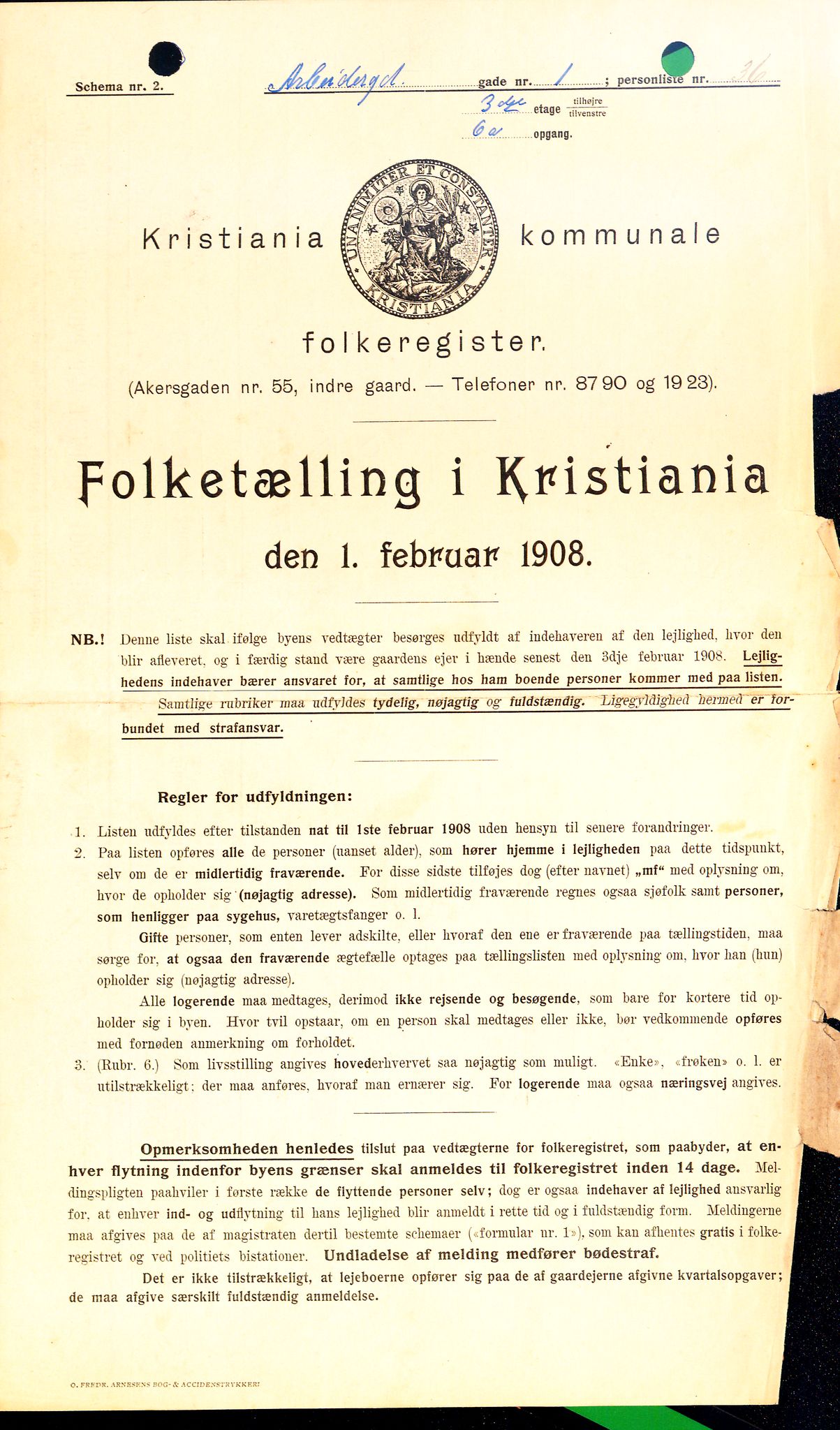 OBA, Municipal Census 1908 for Kristiania, 1908, p. 1655