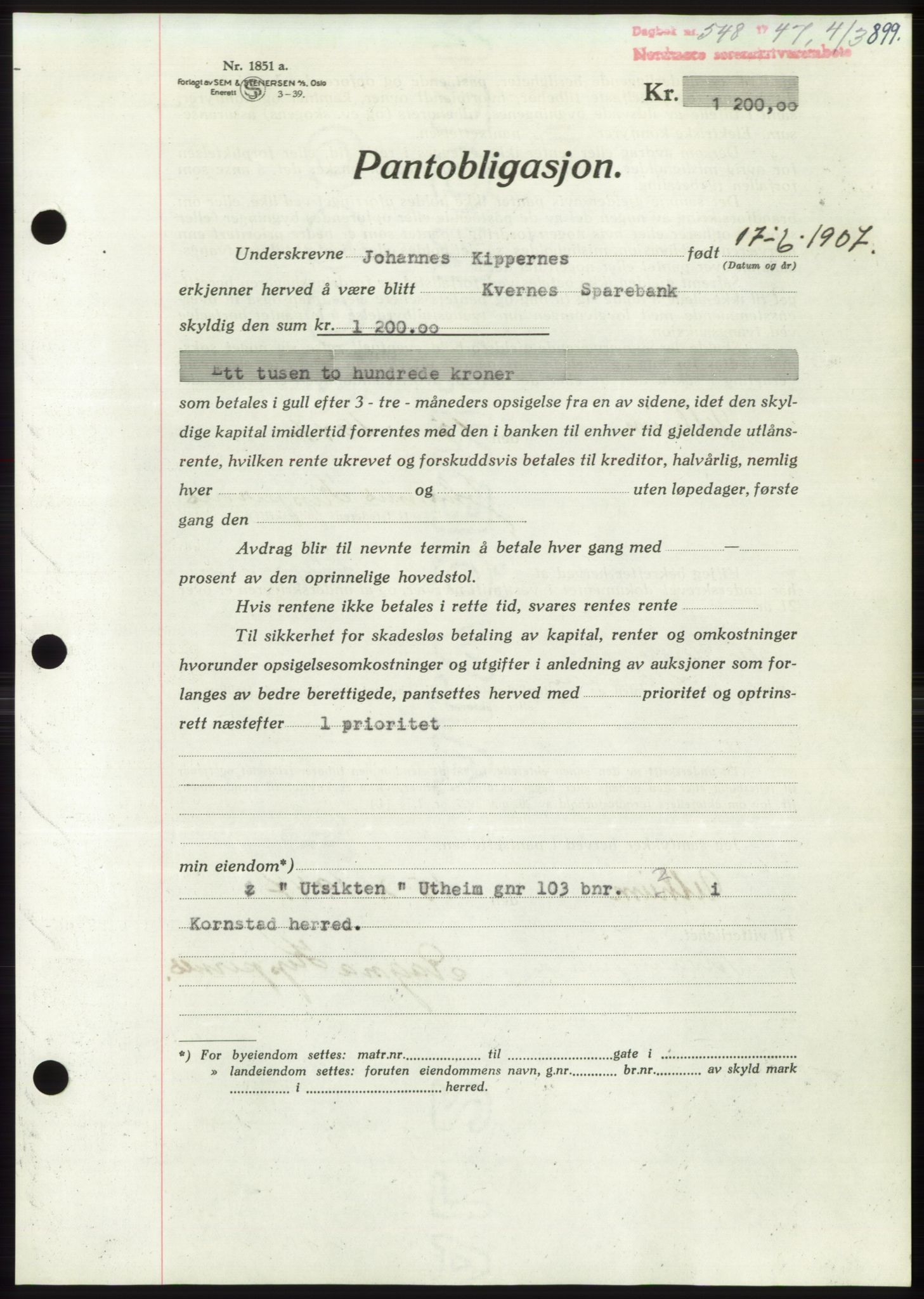 Nordmøre sorenskriveri, AV/SAT-A-4132/1/2/2Ca: Mortgage book no. B95, 1946-1947, Diary no: : 548/1947