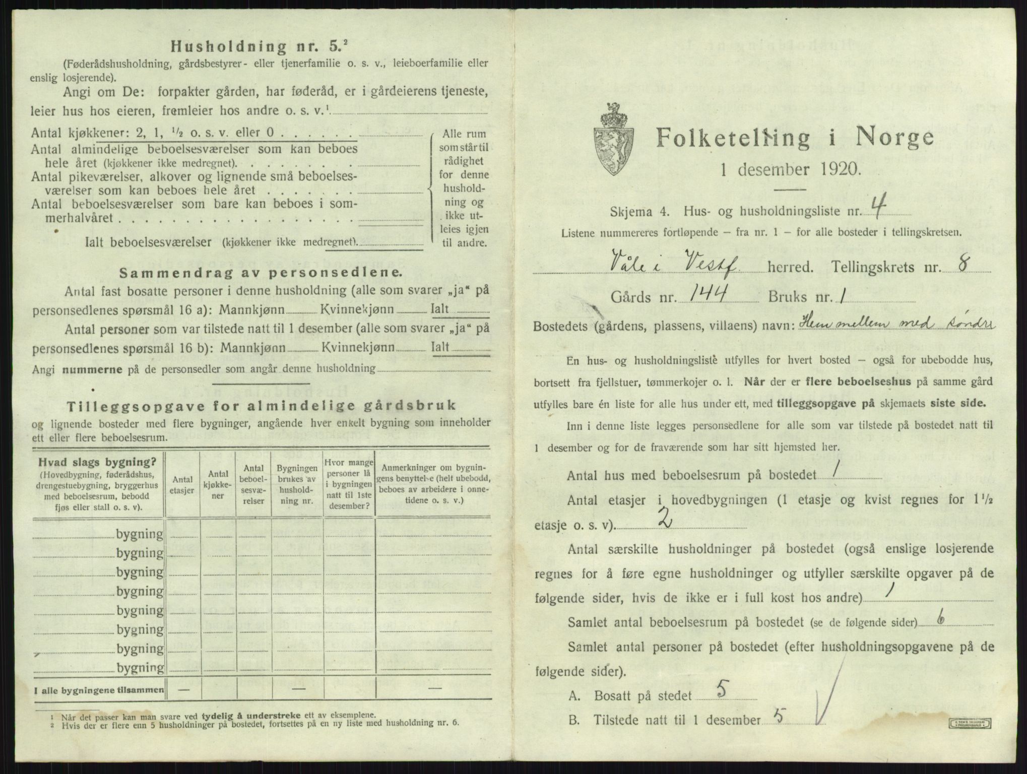 SAKO, 1920 census for Våle, 1920, p. 980