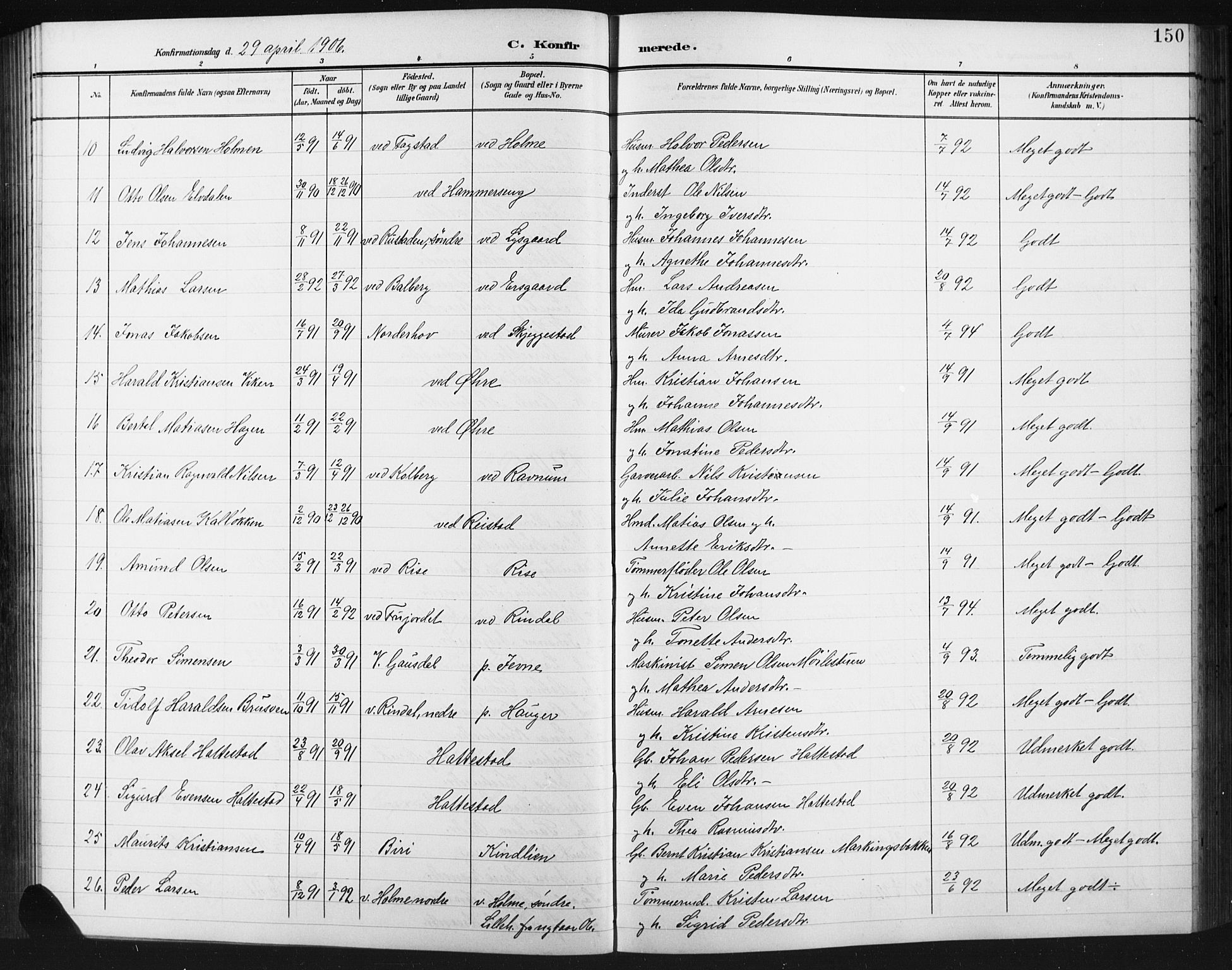 Fåberg prestekontor, SAH/PREST-086/H/Ha/Hab/L0012: Parish register (copy) no. 12, 1903-1924, p. 150