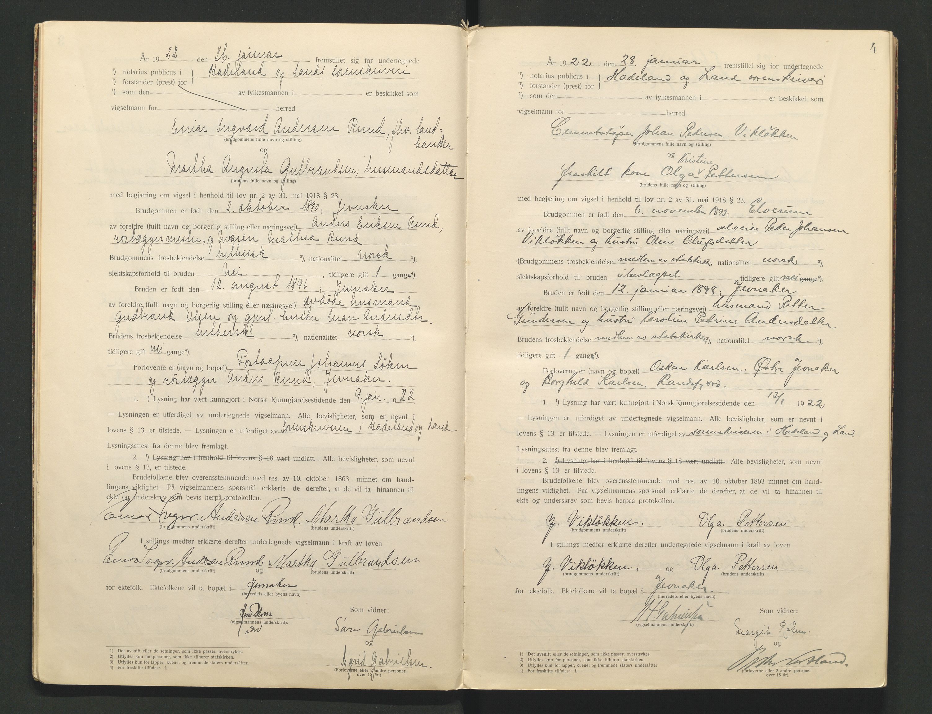 Hadeland og Land tingrett, AV/SAH-TING-010/L/Lb/L0001: Vigselbok, 1920-1943, p. 4