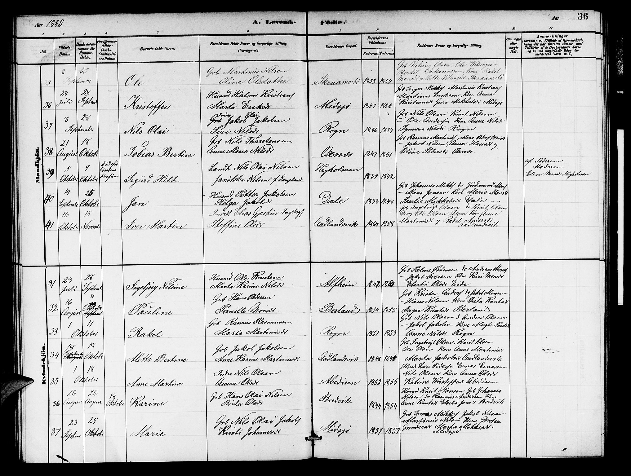 Herdla Sokneprestembete, AV/SAB-A-75701/H/Hab: Parish register (copy) no. A 2, 1881-1888, p. 36