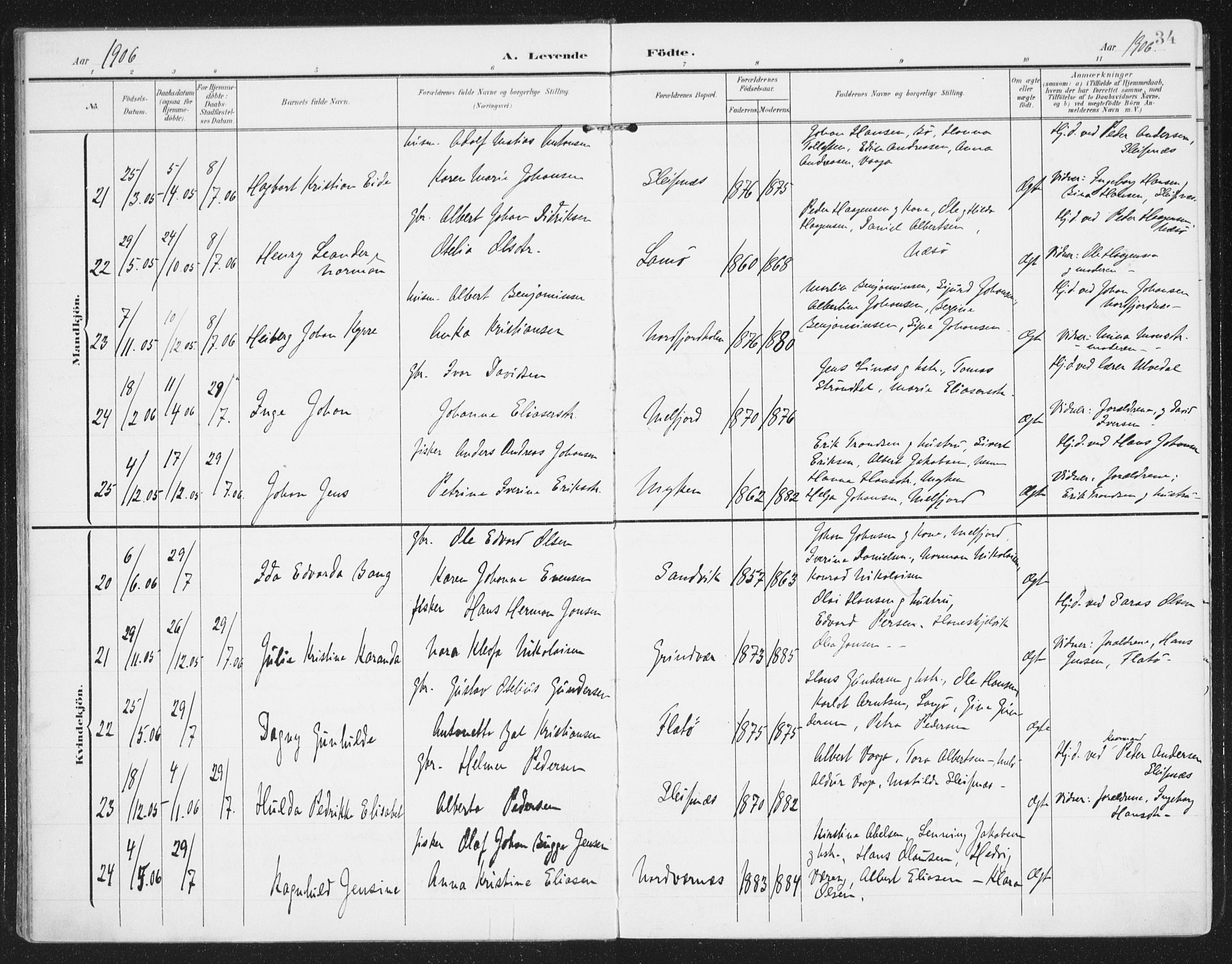 Ministerialprotokoller, klokkerbøker og fødselsregistre - Nordland, AV/SAT-A-1459/841/L0612: Parish register (official) no. 841A15, 1902-1910, p. 34