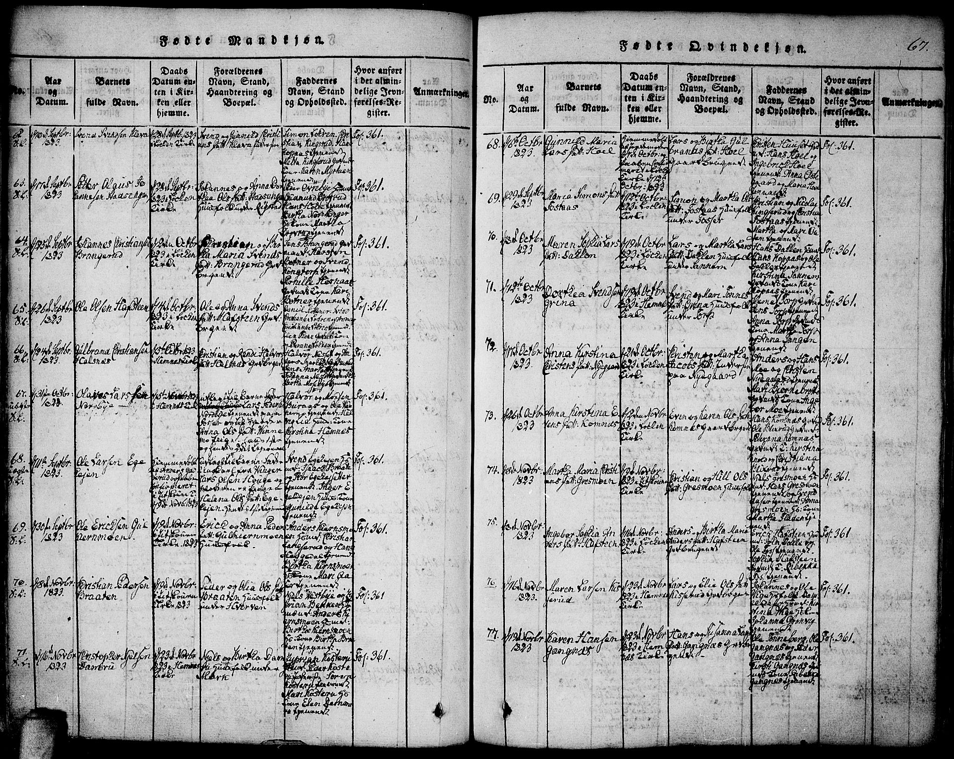 Høland prestekontor Kirkebøker, AV/SAO-A-10346a/F/Fa/L0007: Parish register (official) no. I 7, 1814-1827, p. 67