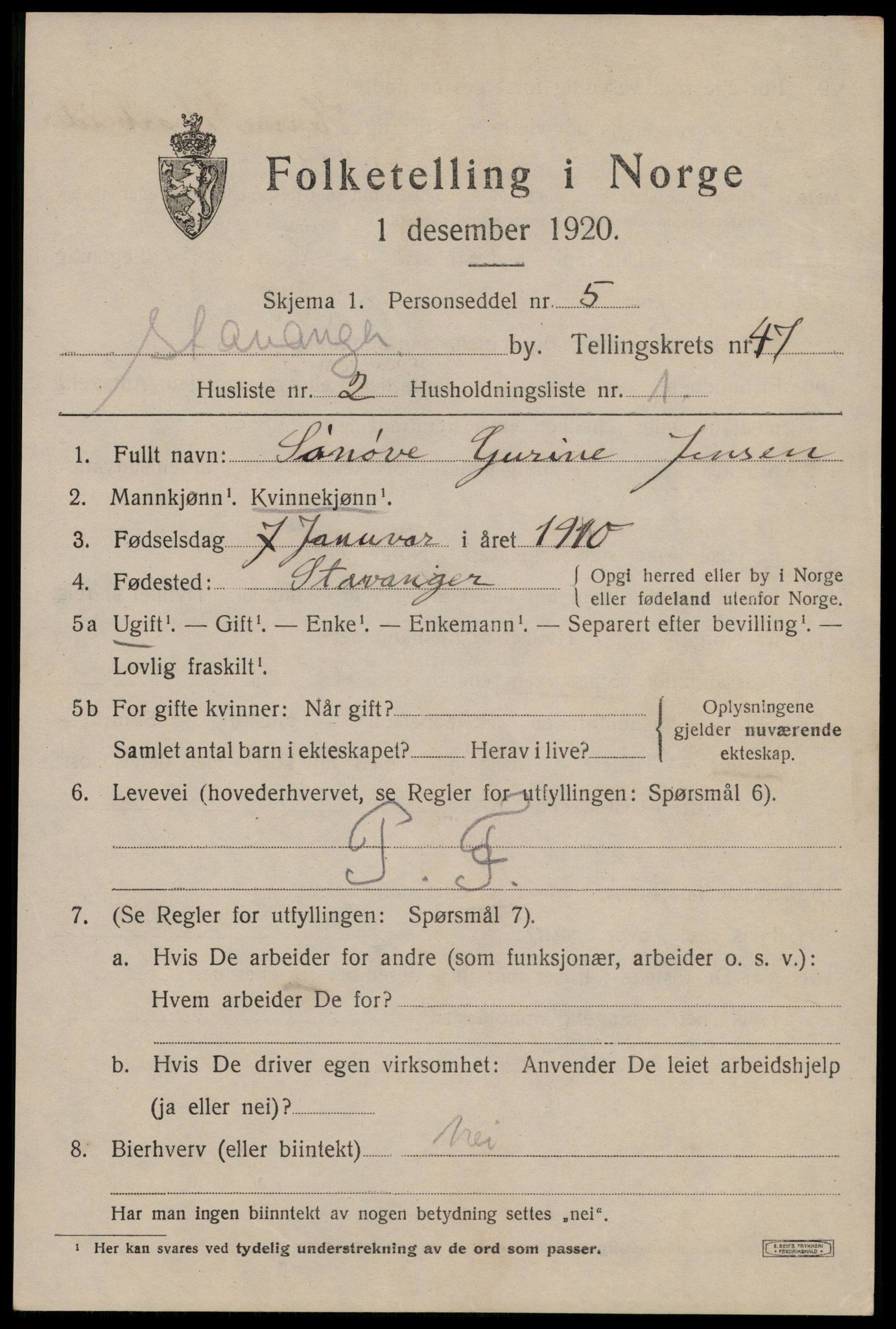 SAST, 1920 census for Stavanger, 1920, p. 113986