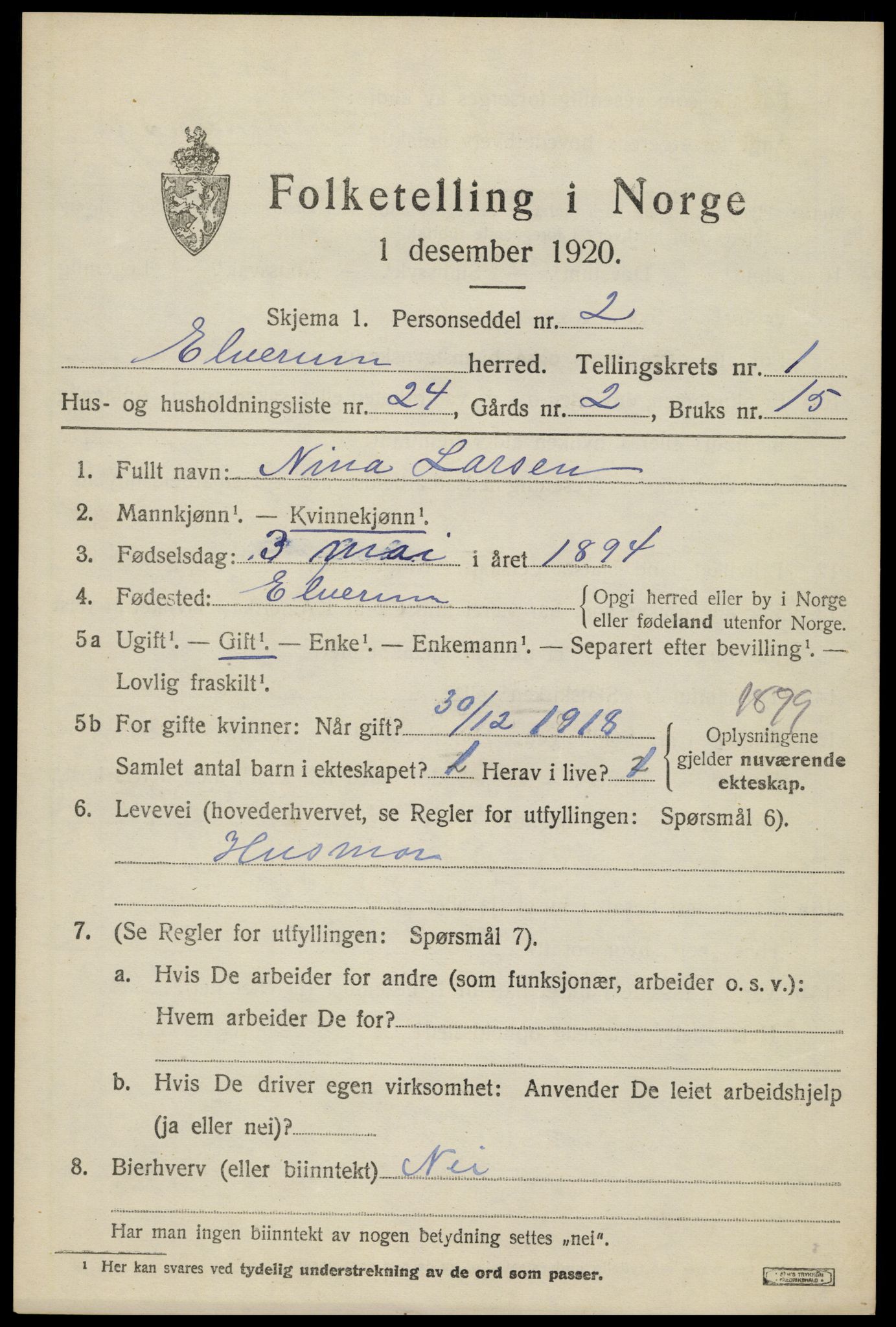 SAH, 1920 census for Elverum, 1920, p. 4042