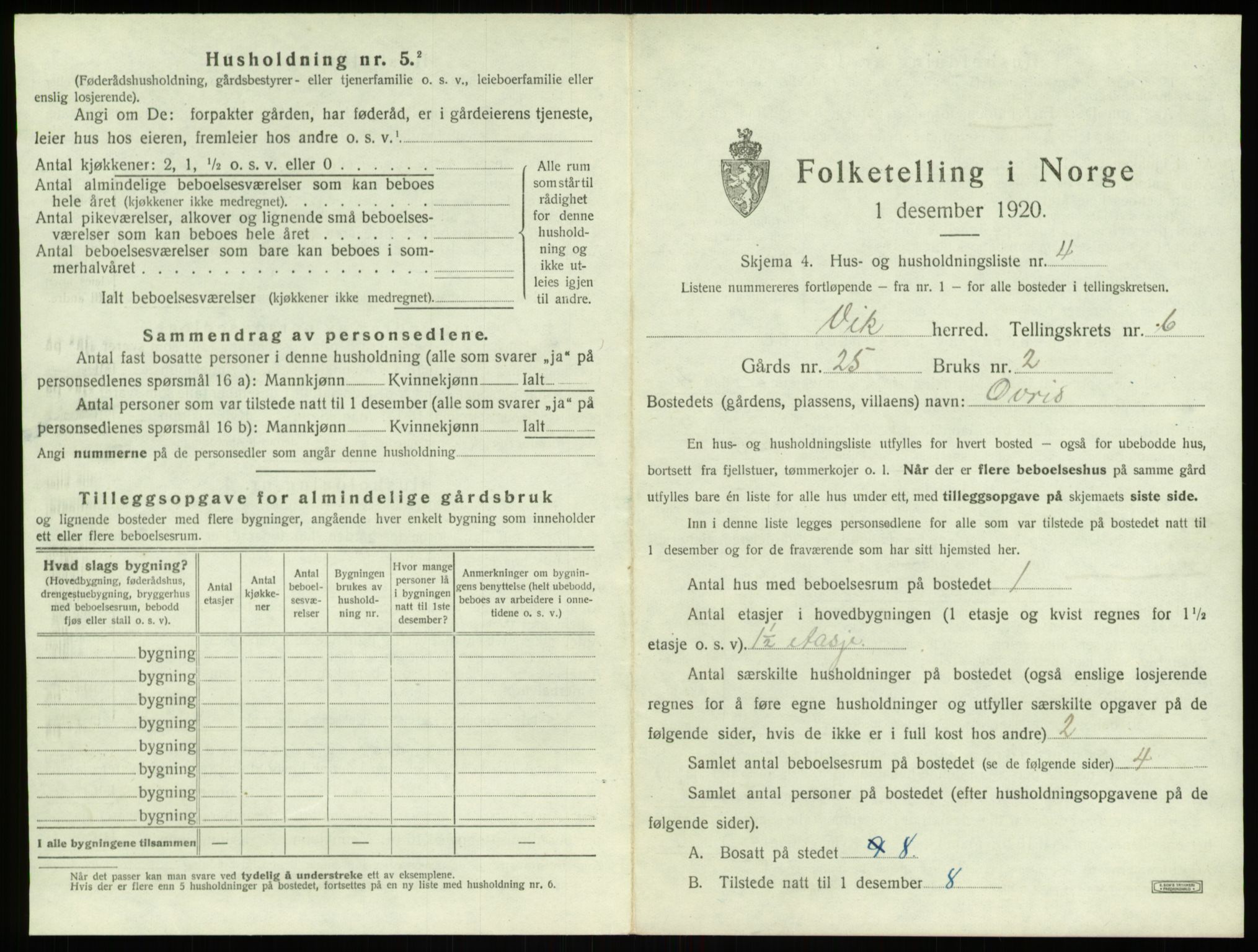 SAB, 1920 census for Vik, 1920, p. 702