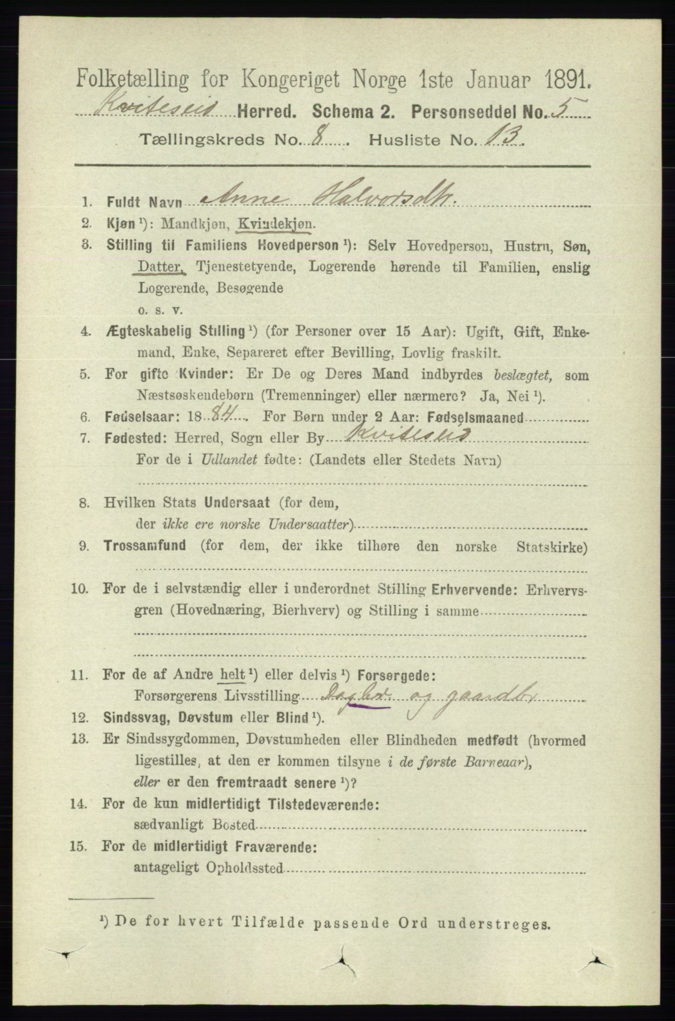 RA, 1891 census for 0829 Kviteseid, 1891, p. 1678