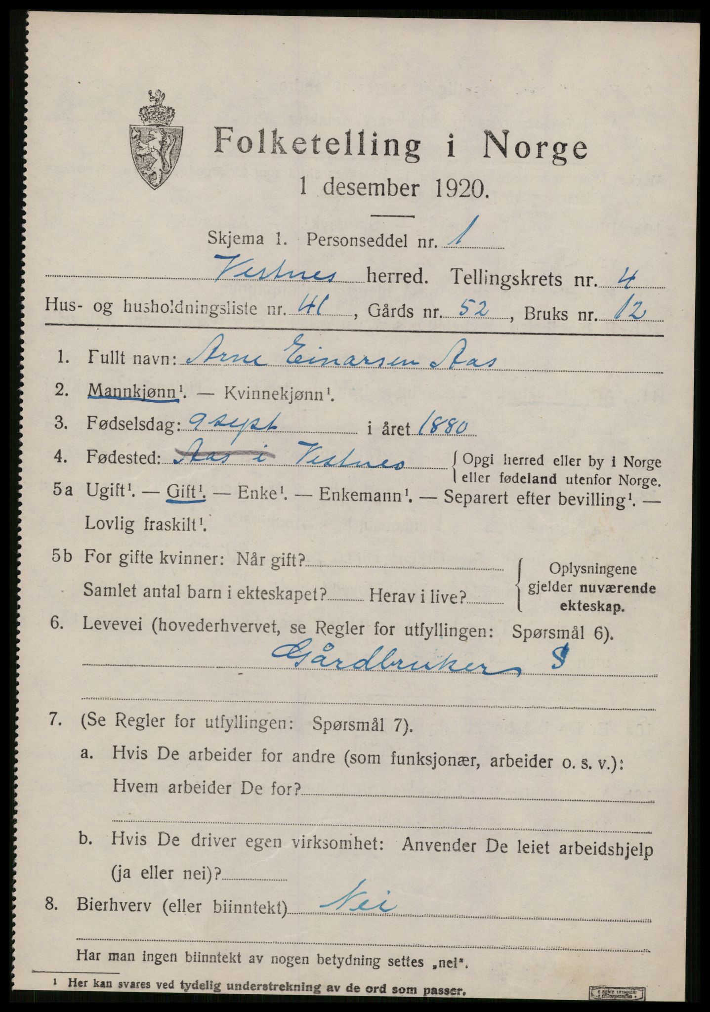SAT, 1920 census for Vestnes, 1920, p. 3751
