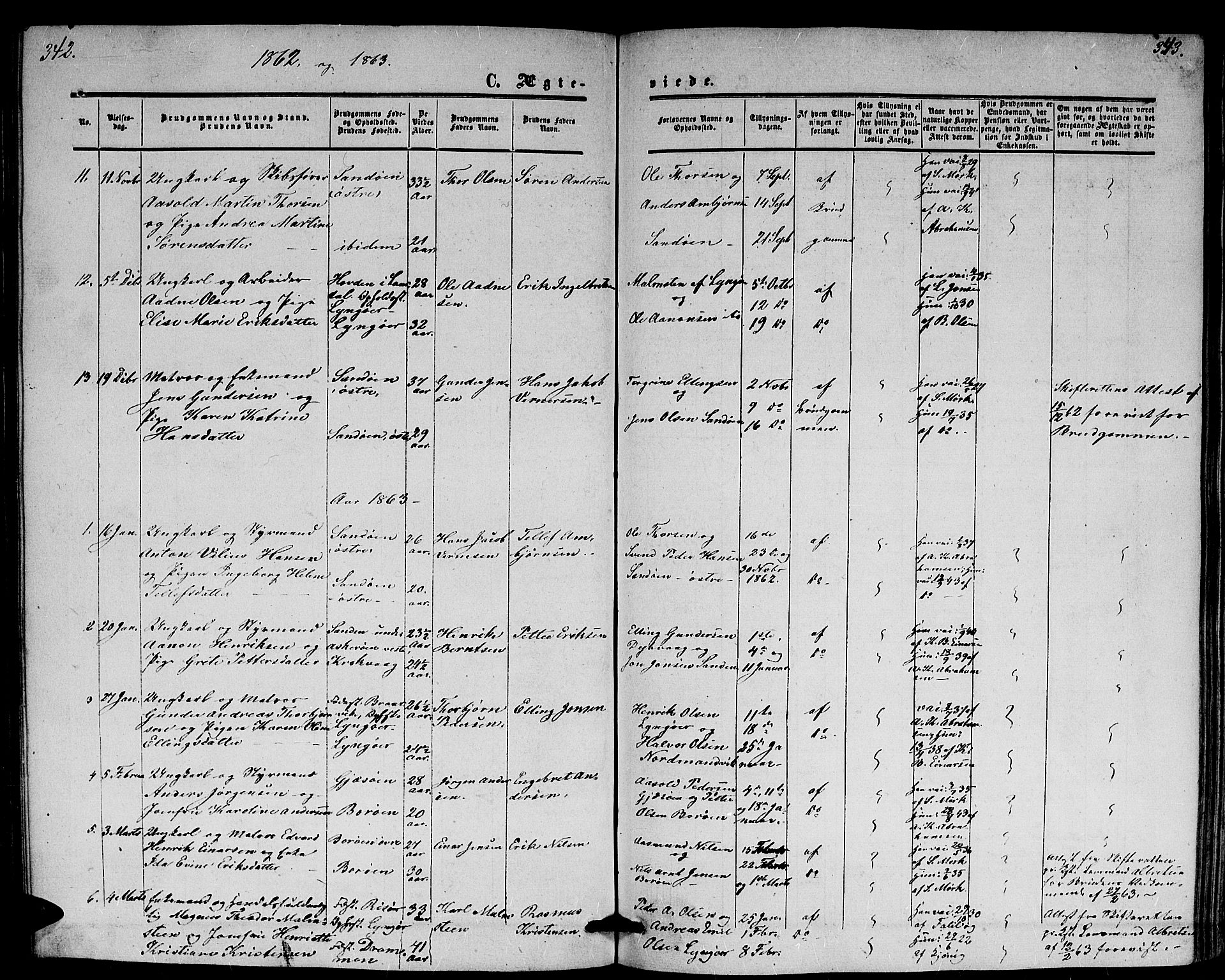 Dypvåg sokneprestkontor, SAK/1111-0007/F/Fb/Fba/L0011: Parish register (copy) no. B 11, 1857-1872, p. 342-343