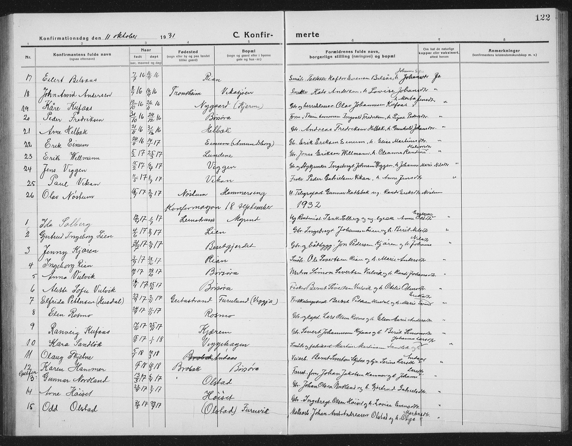 Ministerialprotokoller, klokkerbøker og fødselsregistre - Sør-Trøndelag, SAT/A-1456/665/L0778: Parish register (copy) no. 665C03, 1916-1938, p. 122
