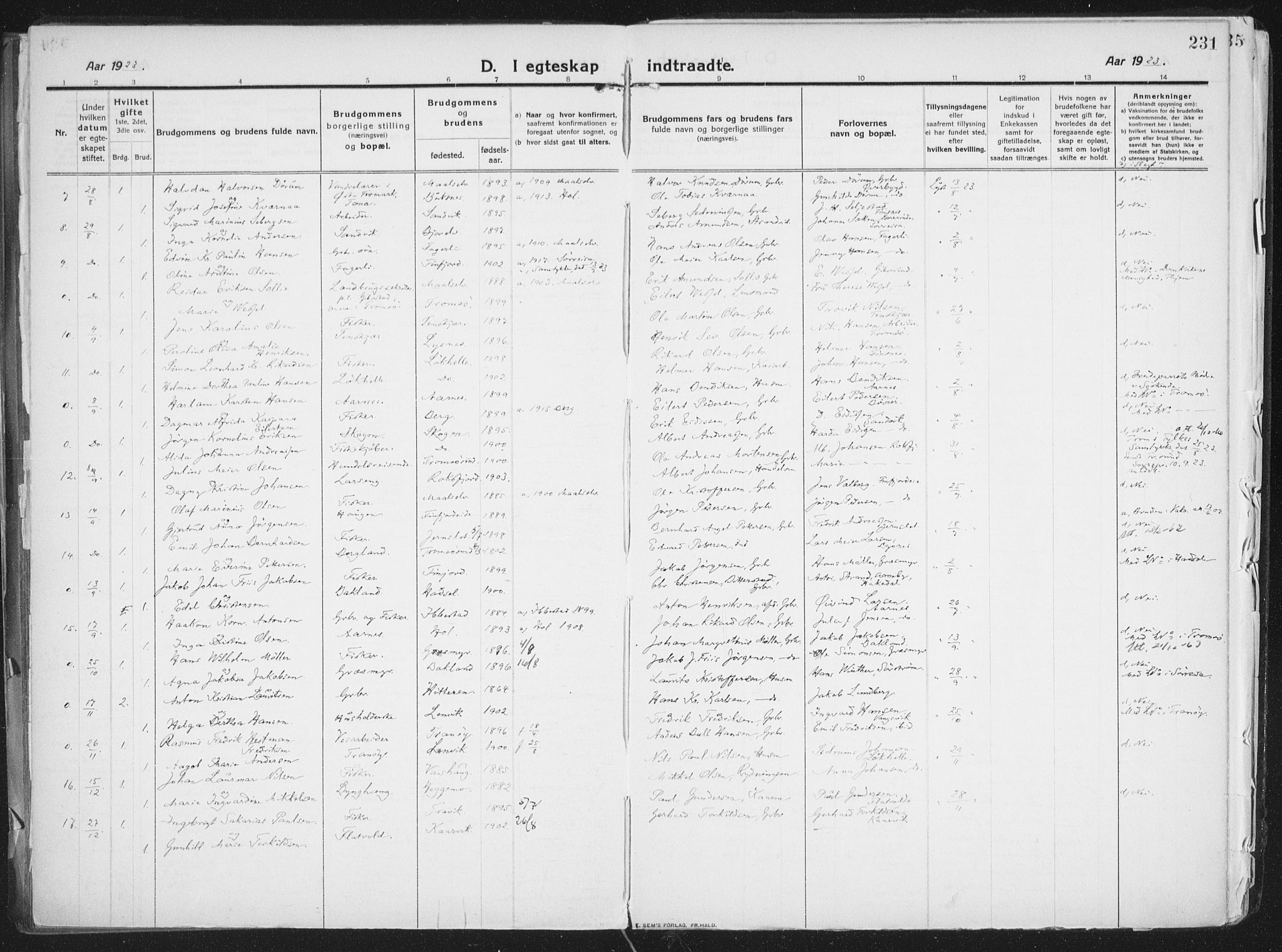 Lenvik sokneprestembete, SATØ/S-1310/H/Ha/Haa/L0016kirke: Parish register (official) no. 16, 1910-1924, p. 231