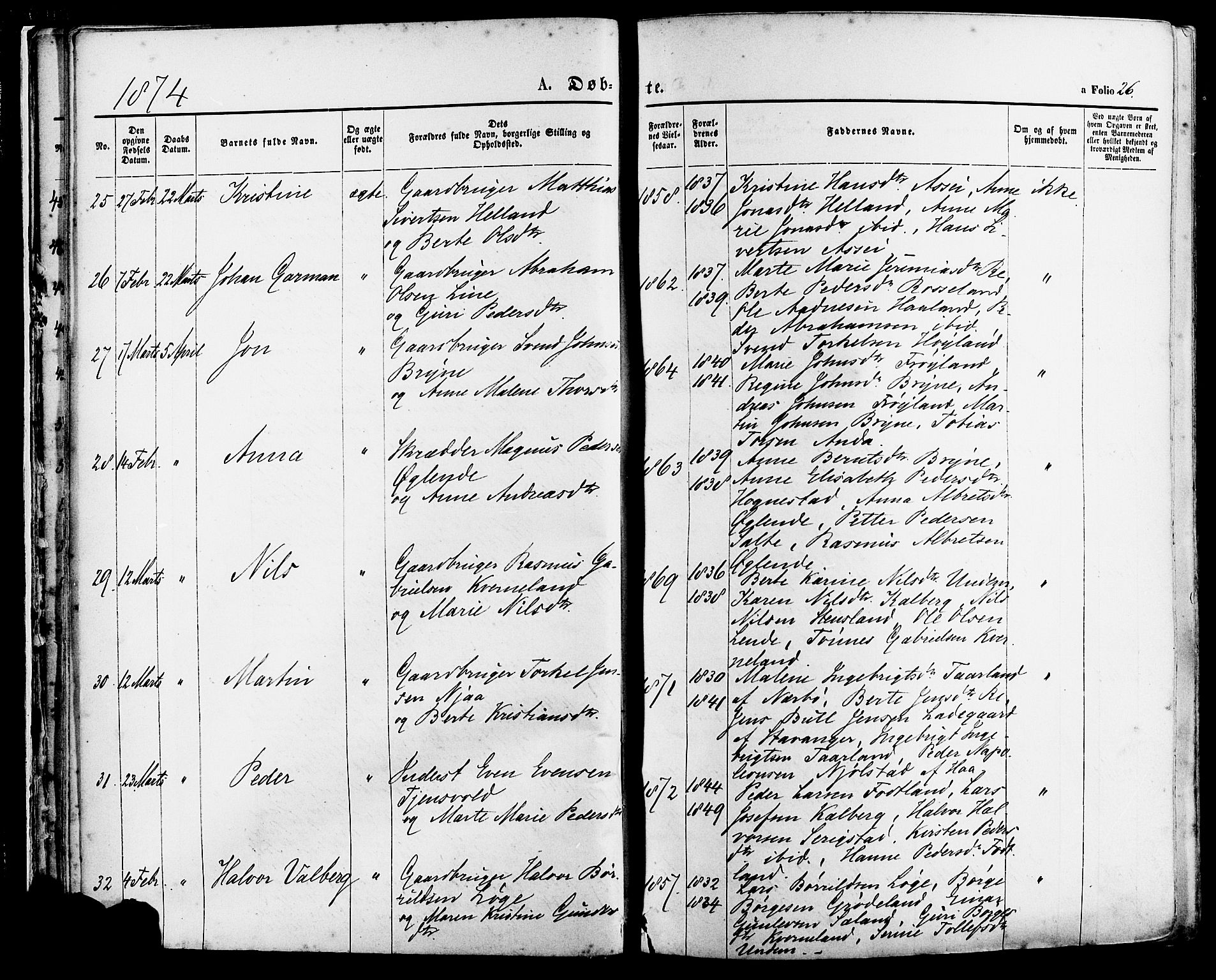Lye sokneprestkontor, AV/SAST-A-101794/001/30BA/L0008: Parish register (official) no. A 7, 1872-1881, p. 26