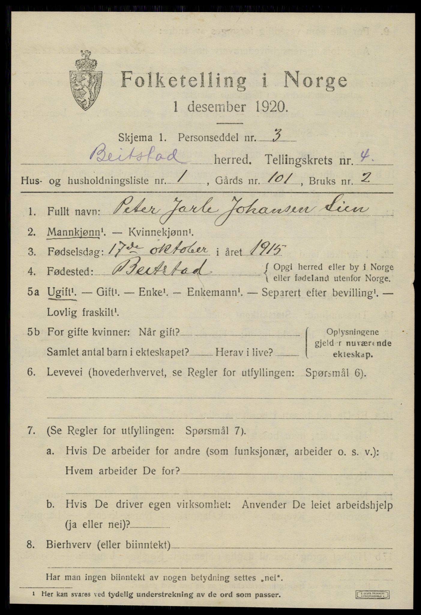 SAT, 1920 census for Beitstad, 1920, p. 2977