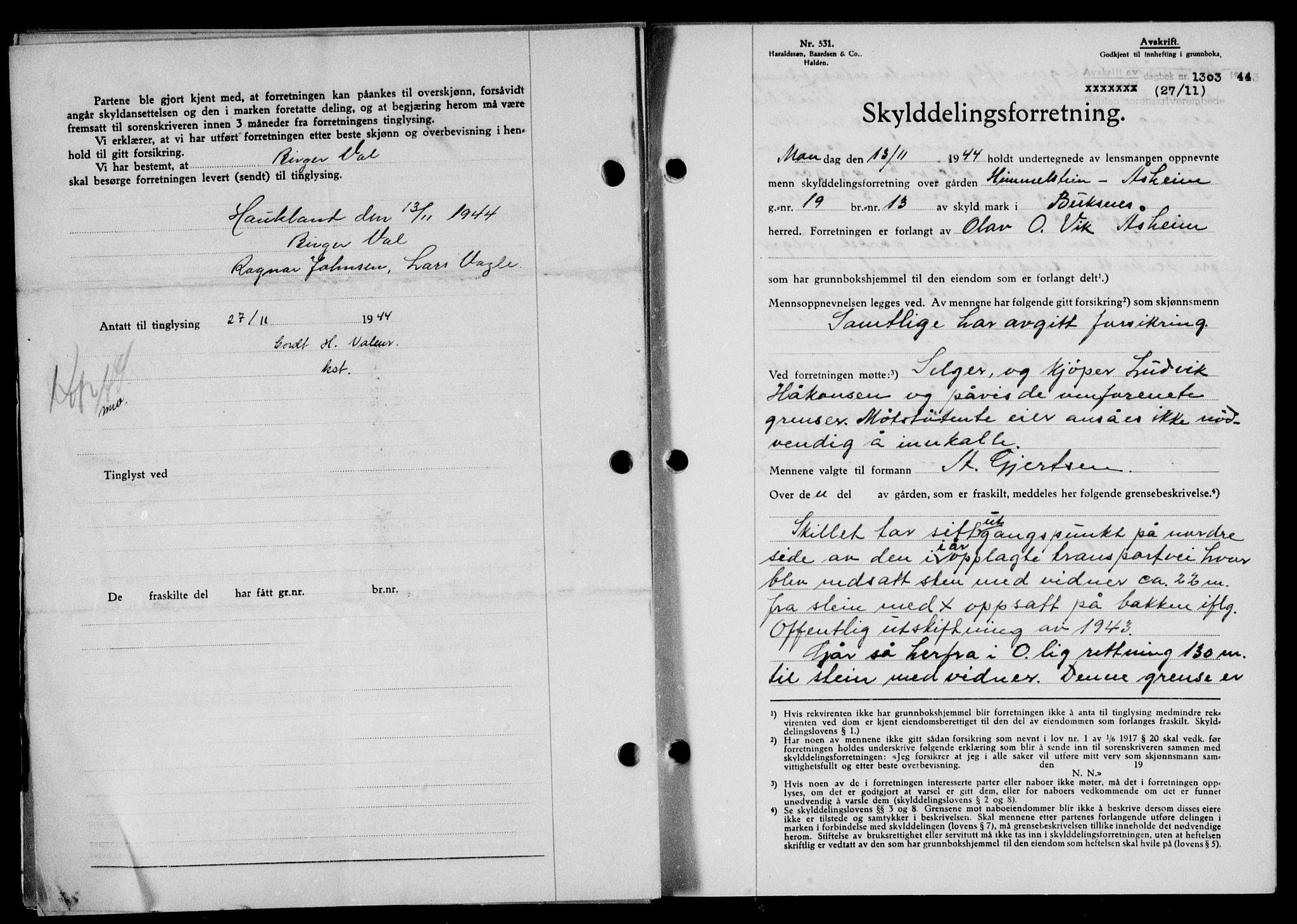 Lofoten sorenskriveri, SAT/A-0017/1/2/2C/L0012a: Mortgage book no. 12a, 1943-1944, Diary no: : 1303/1944