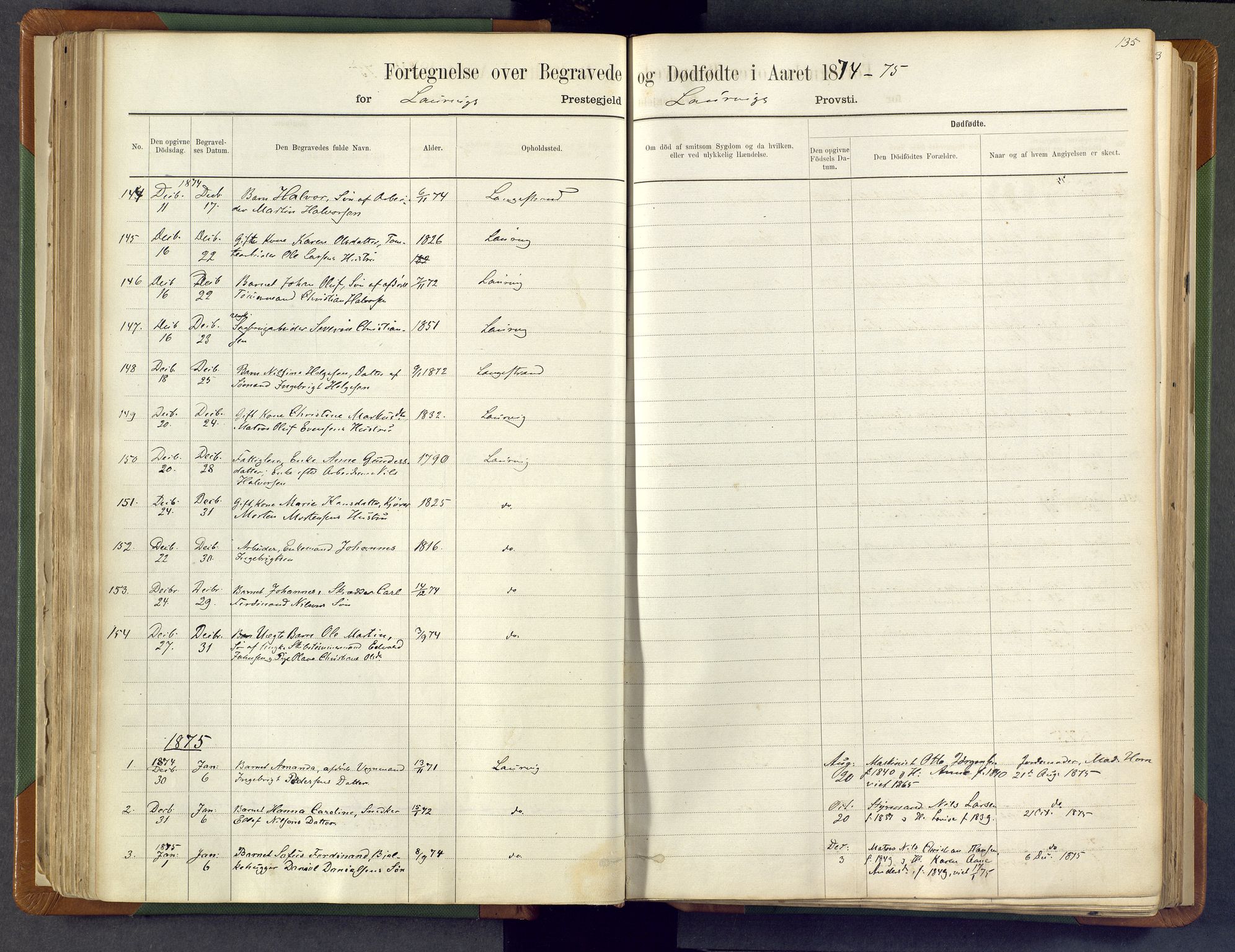 Larvik kirkebøker, SAKO/A-352/F/Fa/L0007: Parish register (official) no. I 7, 1871-1883, p. 135