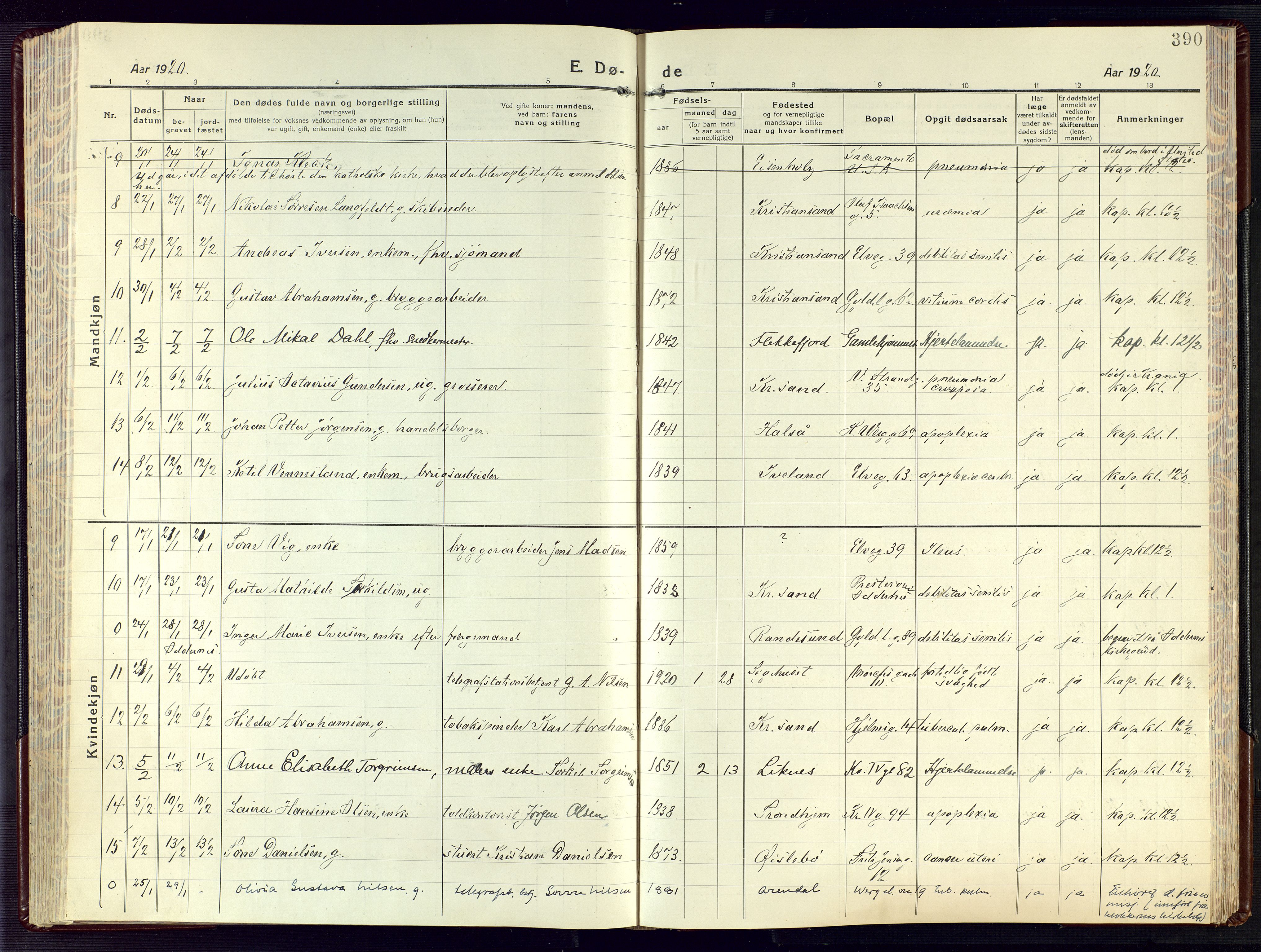 Kristiansand domprosti, AV/SAK-1112-0006/F/Fa/L0028: Parish register (official) no. A 27, 1917-1926, p. 390