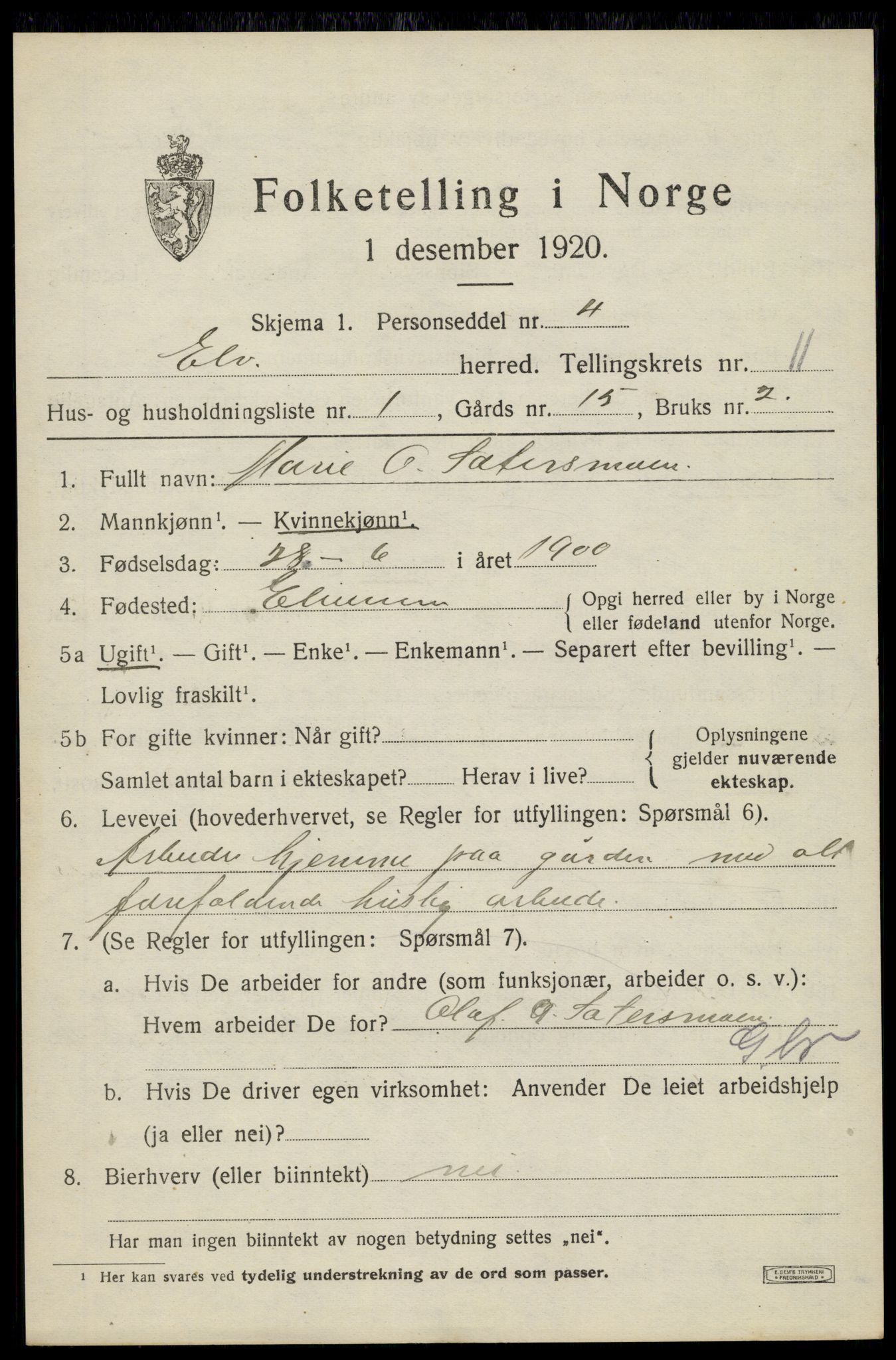 SAH, 1920 census for Elverum, 1920, p. 16170