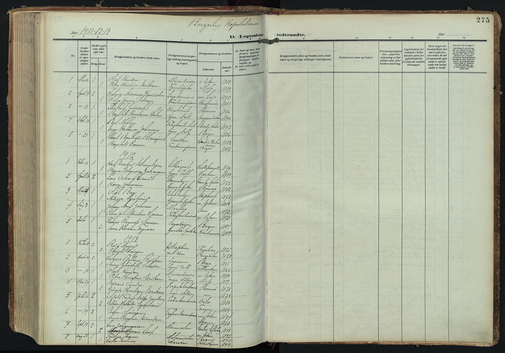 Bragernes kirkebøker, AV/SAKO-A-6/F/Fc/L0008: Parish register (official) no. III 8, 1909-1921, p. 275