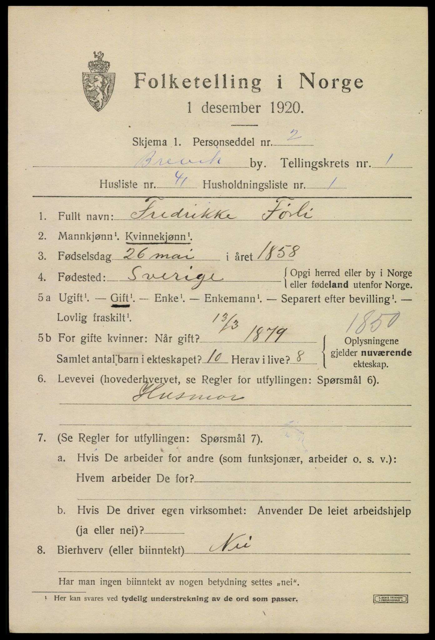 SAKO, 1920 census for Brevik, 1920, p. 2692