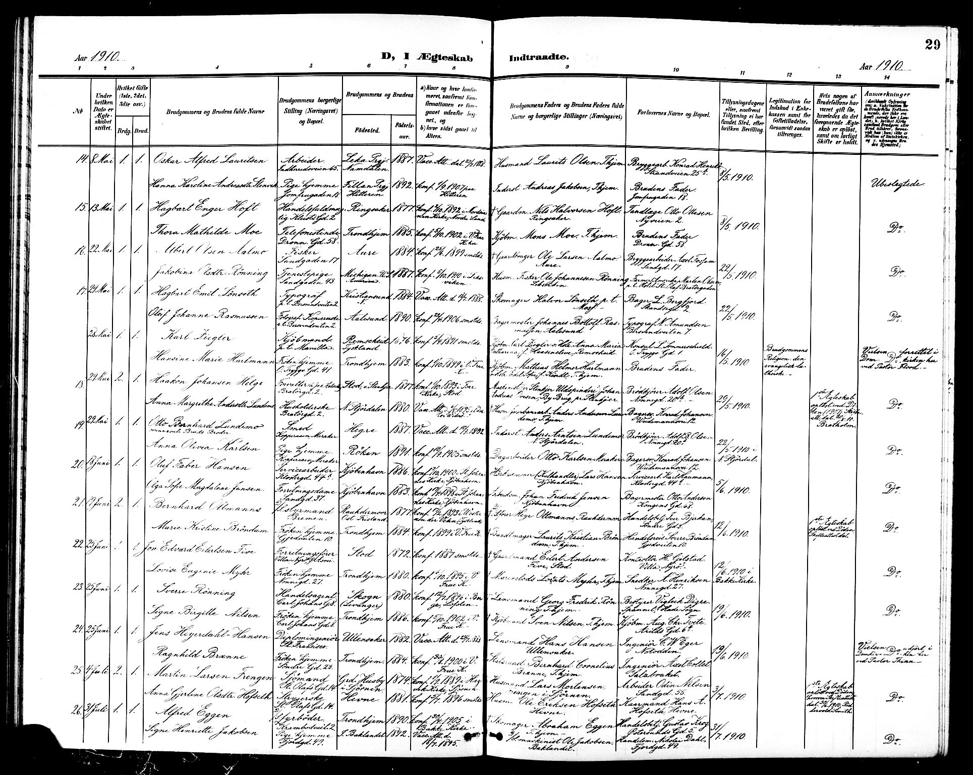 Ministerialprotokoller, klokkerbøker og fødselsregistre - Sør-Trøndelag, AV/SAT-A-1456/602/L0145: Parish register (copy) no. 602C13, 1902-1919, p. 29