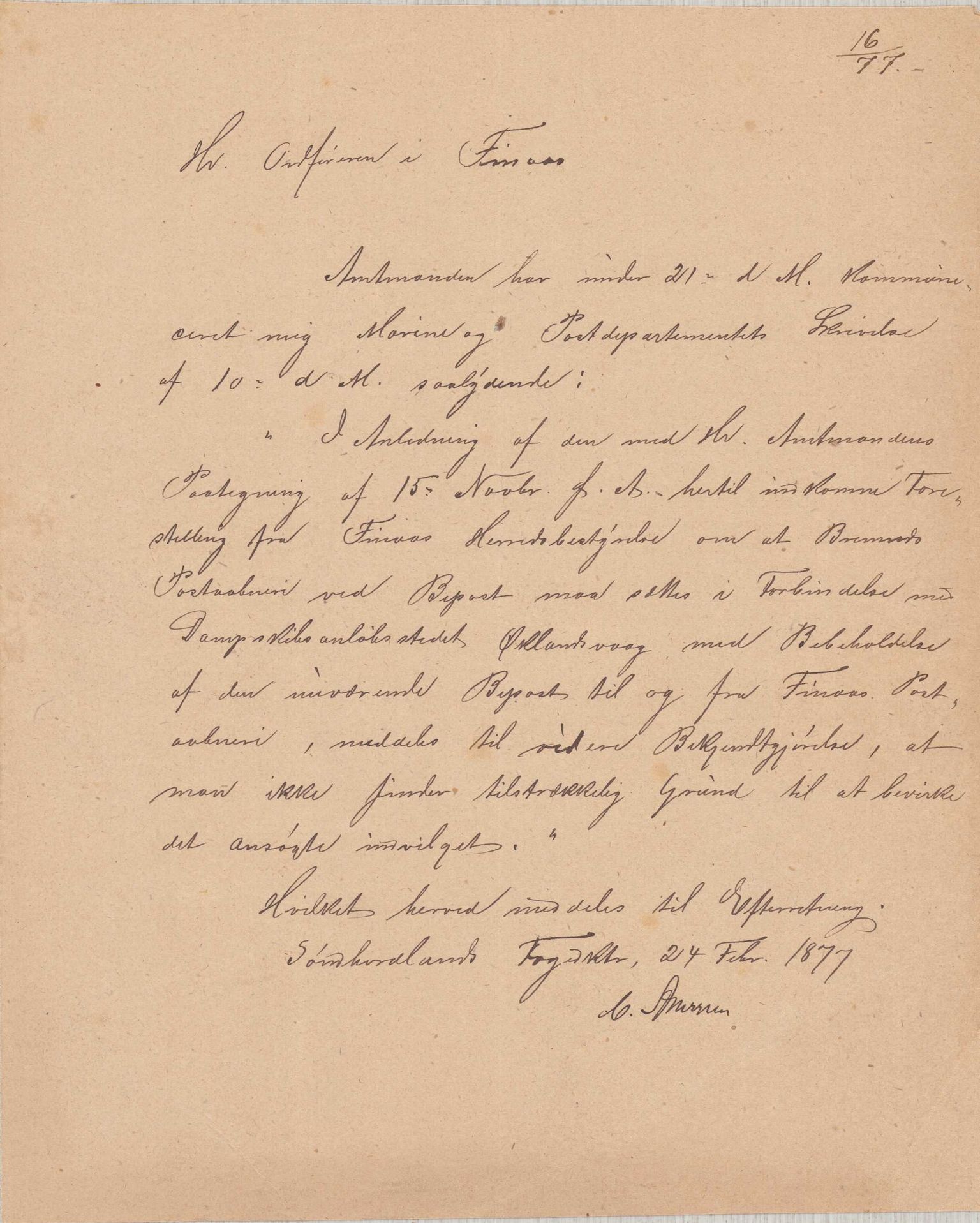 Finnaas kommune. Formannskapet, IKAH/1218a-021/D/Da/L0001/0002: Korrespondanse / saker / Kronologisk ordna korrespodanse, 1876-1879, p. 6