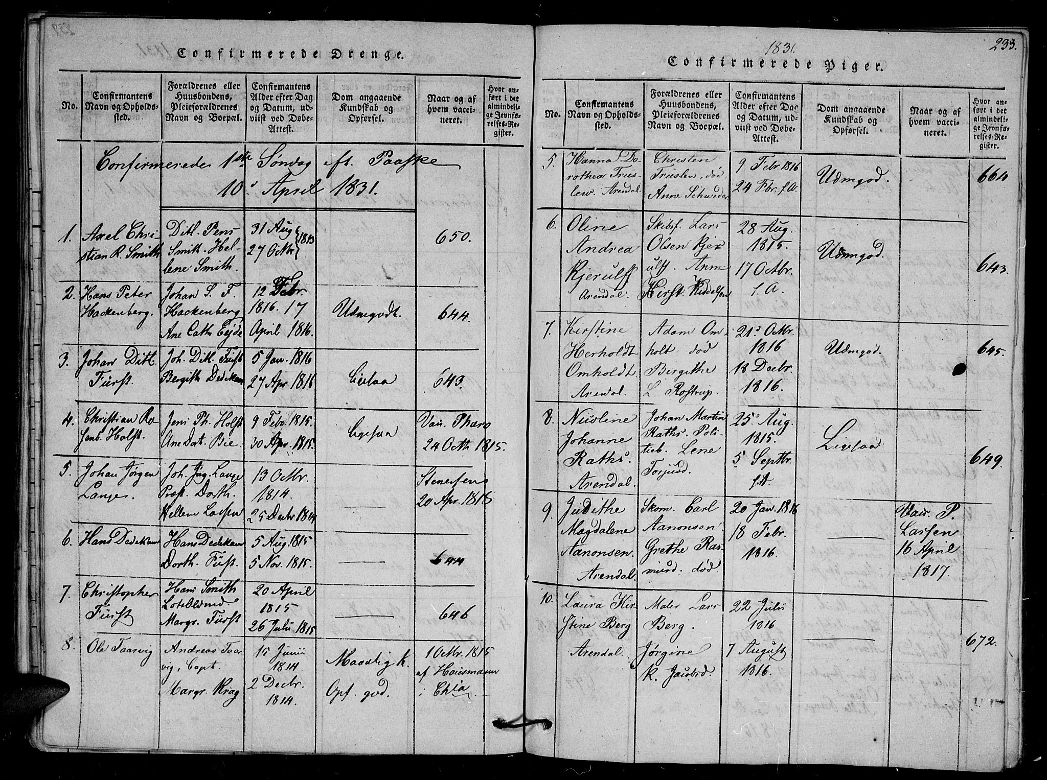 Arendal sokneprestkontor, Trefoldighet, AV/SAK-1111-0040/F/Fb/L0001: Parish register (copy) no. B 1, 1816-1838, p. 253