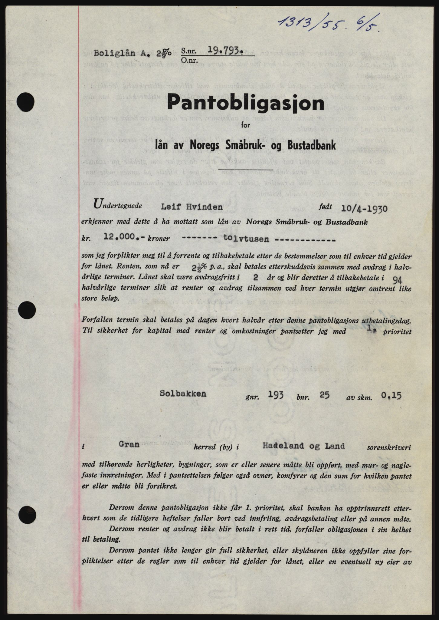Hadeland og Land tingrett, SAH/TING-010/H/Hb/Hbc/L0032: Mortgage book no. B32, 1955-1955, Diary no: : 1313/1955