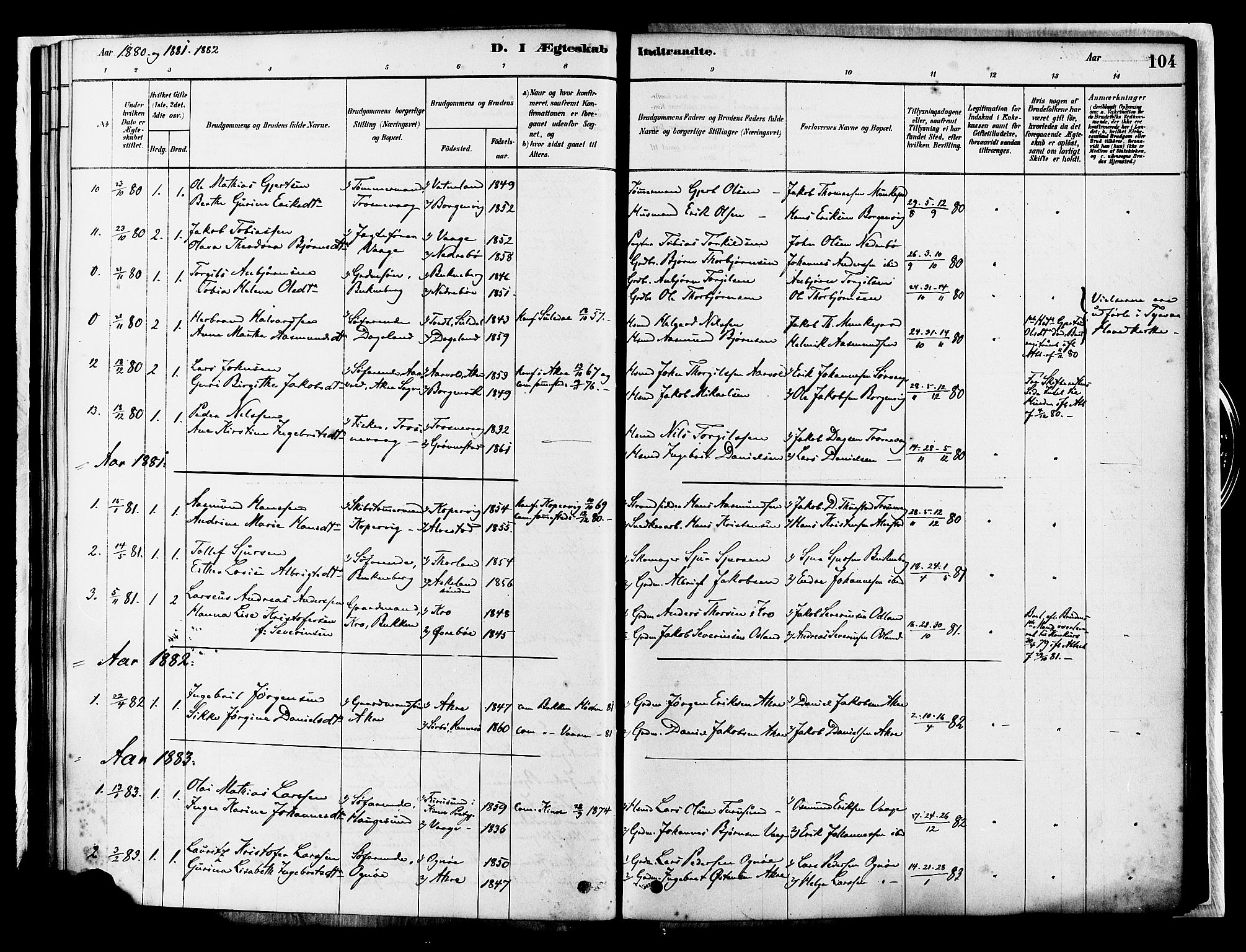 Tysvær sokneprestkontor, SAST/A -101864/H/Ha/Haa/L0007: Parish register (official) no. A 7, 1878-1897, p. 104