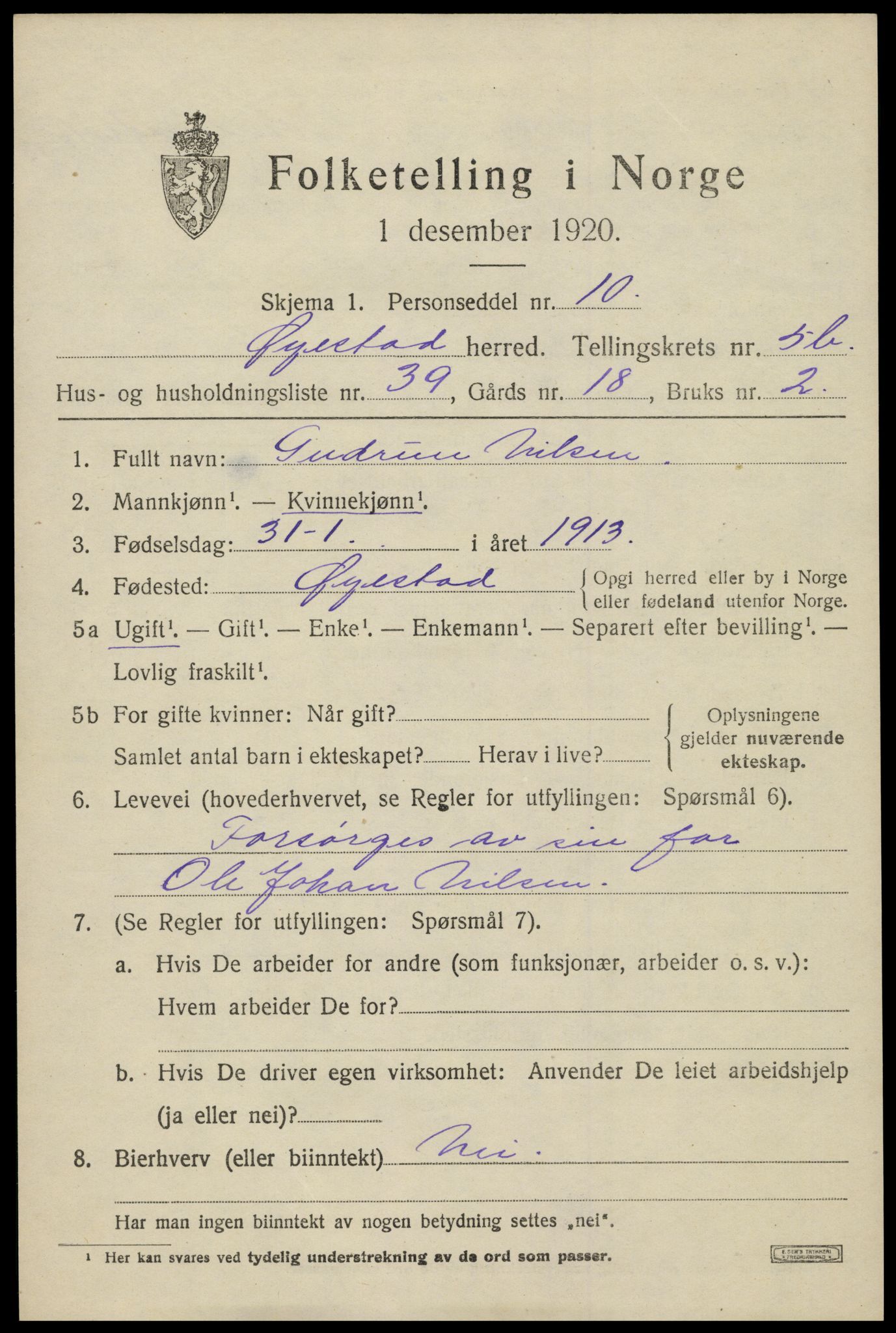 SAK, 1920 census for Øyestad, 1920, p. 4076