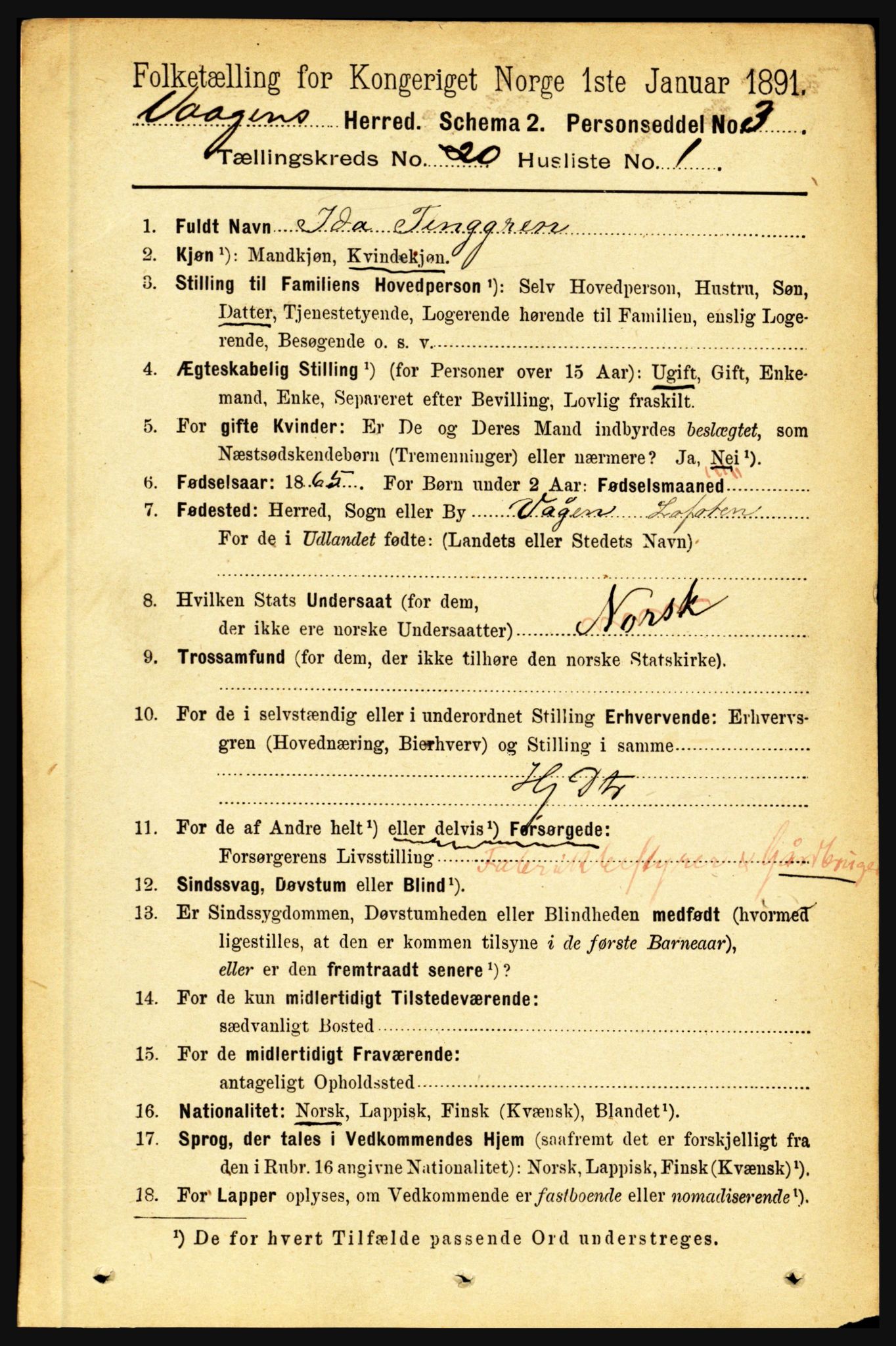 RA, 1891 census for 1865 Vågan, 1891, p. 5851