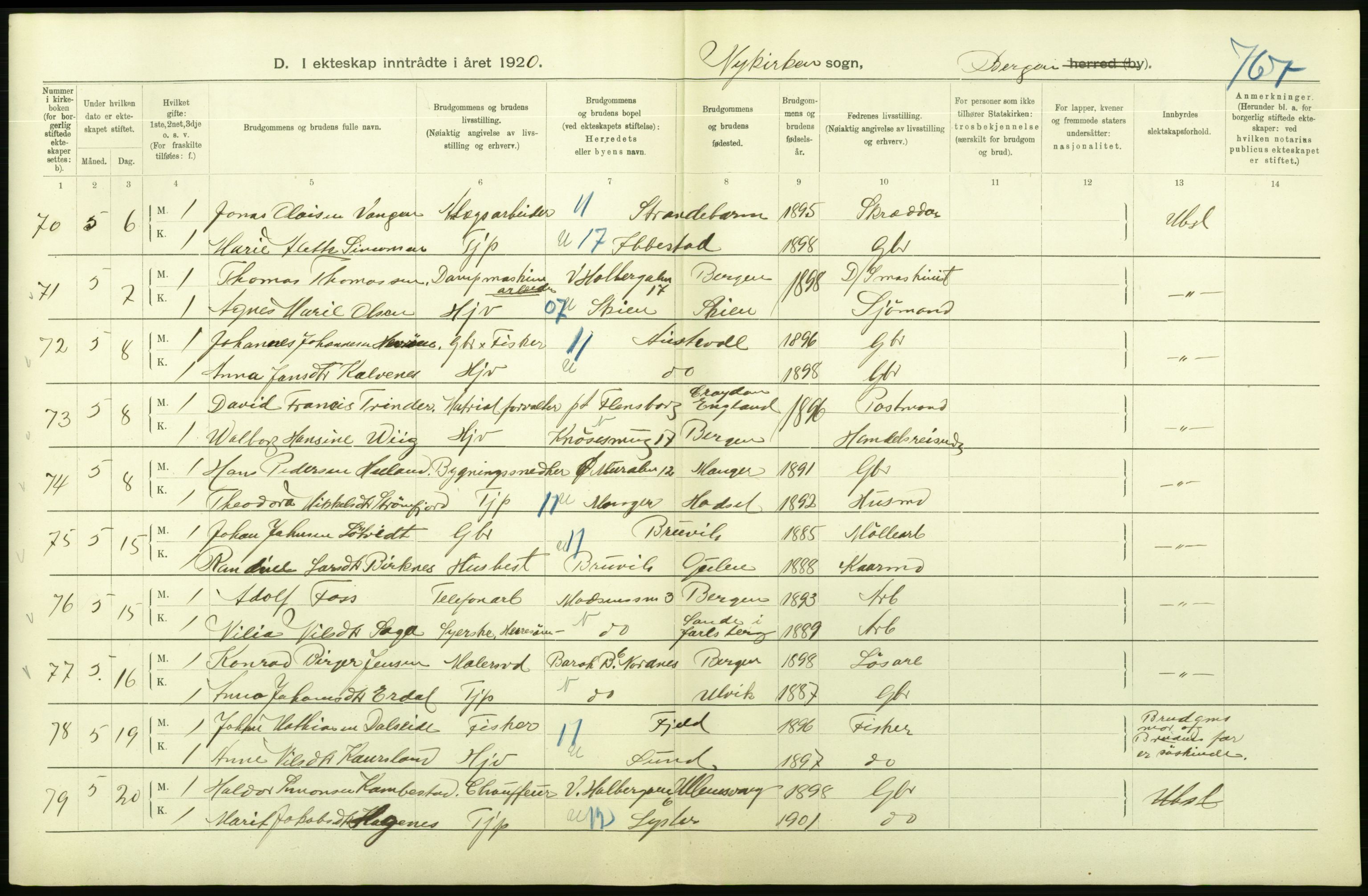 Statistisk sentralbyrå, Sosiodemografiske emner, Befolkning, AV/RA-S-2228/D/Df/Dfb/Dfbj/L0042: Bergen: Gifte, døde, dødfødte., 1920, p. 138