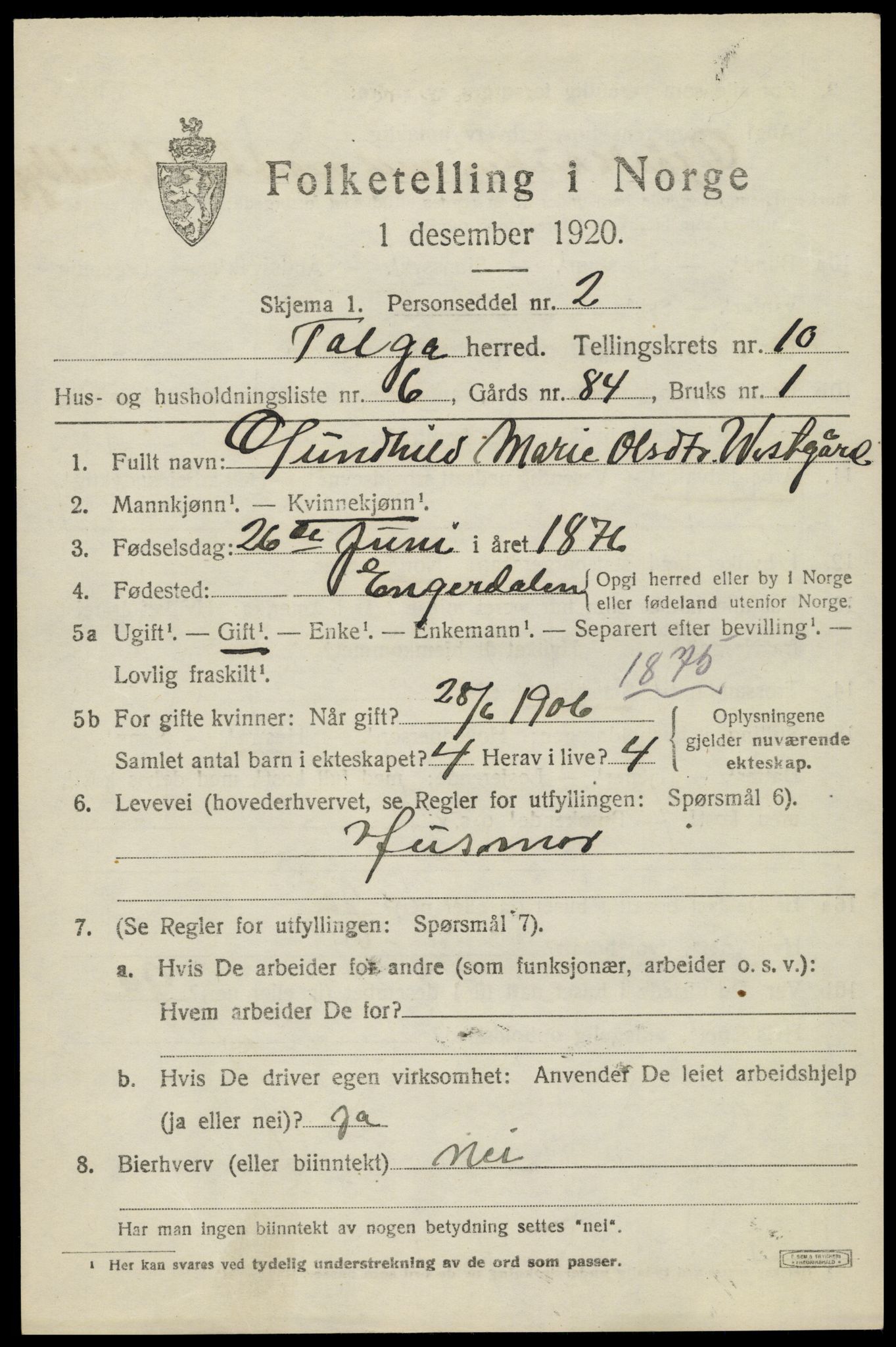 SAH, 1920 census for Tolga, 1920, p. 4953