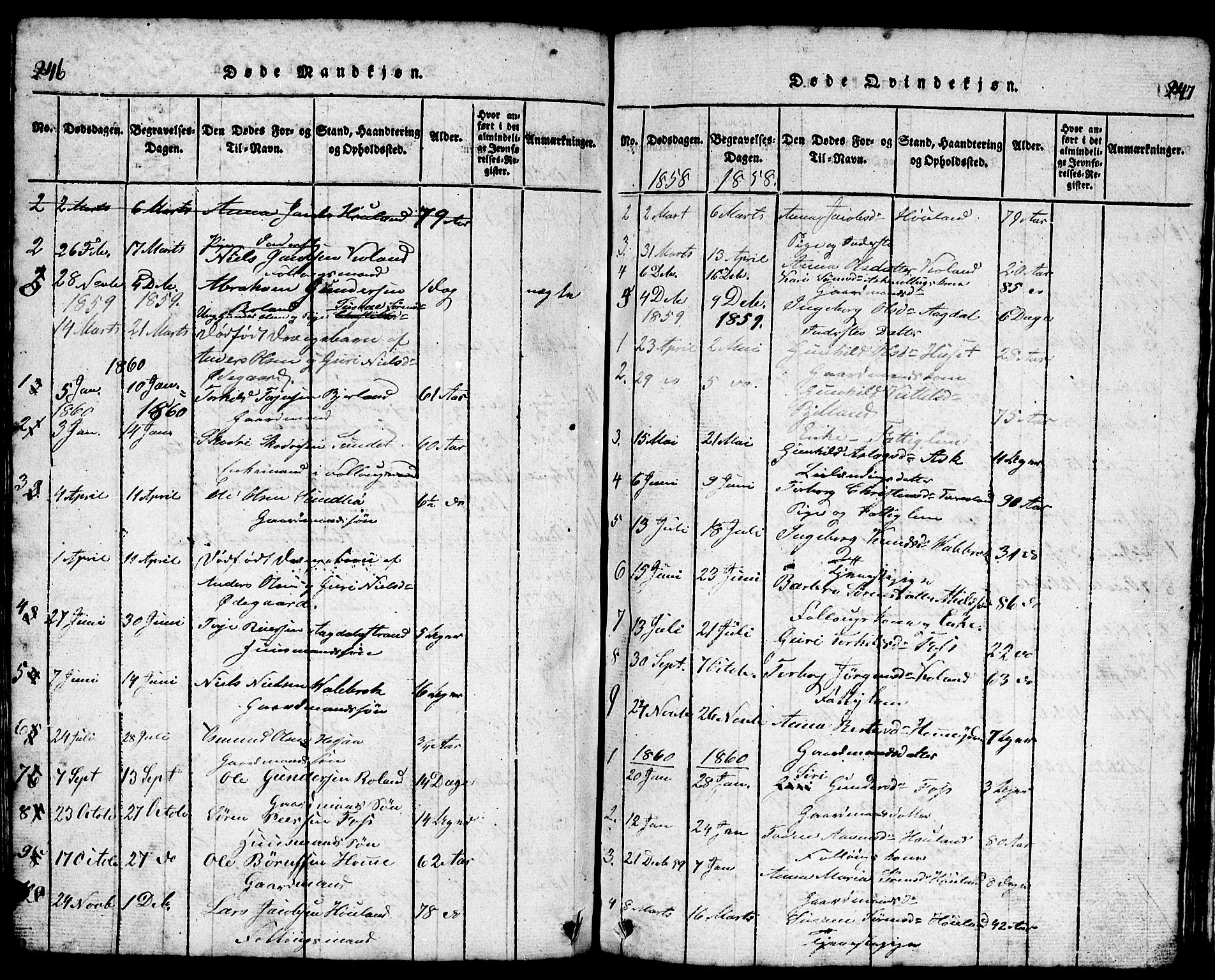 Bjelland sokneprestkontor, AV/SAK-1111-0005/F/Fb/Fba/L0003: Parish register (copy) no. B 3, 1816-1870, p. 246-247